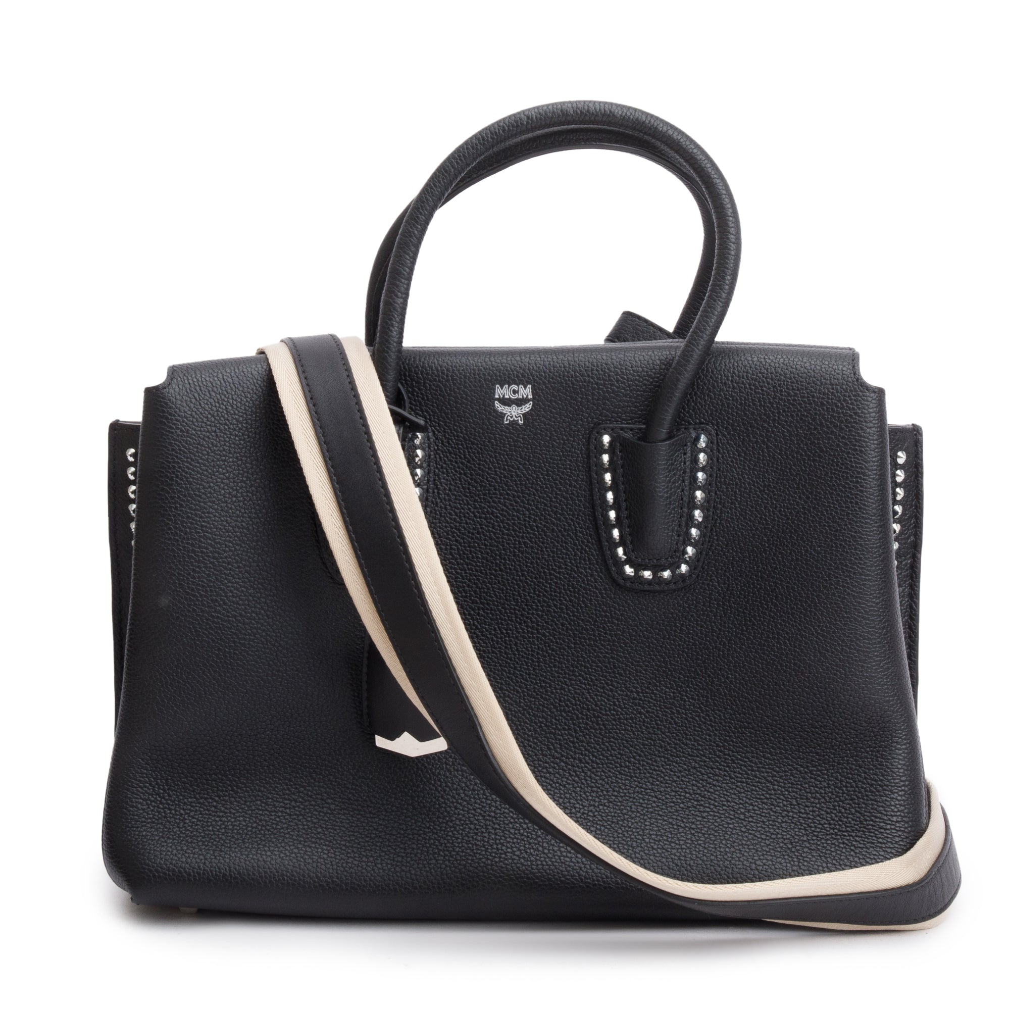 MCM Black Calfskin Leather Studded Medium Milla Tote w/ Strap