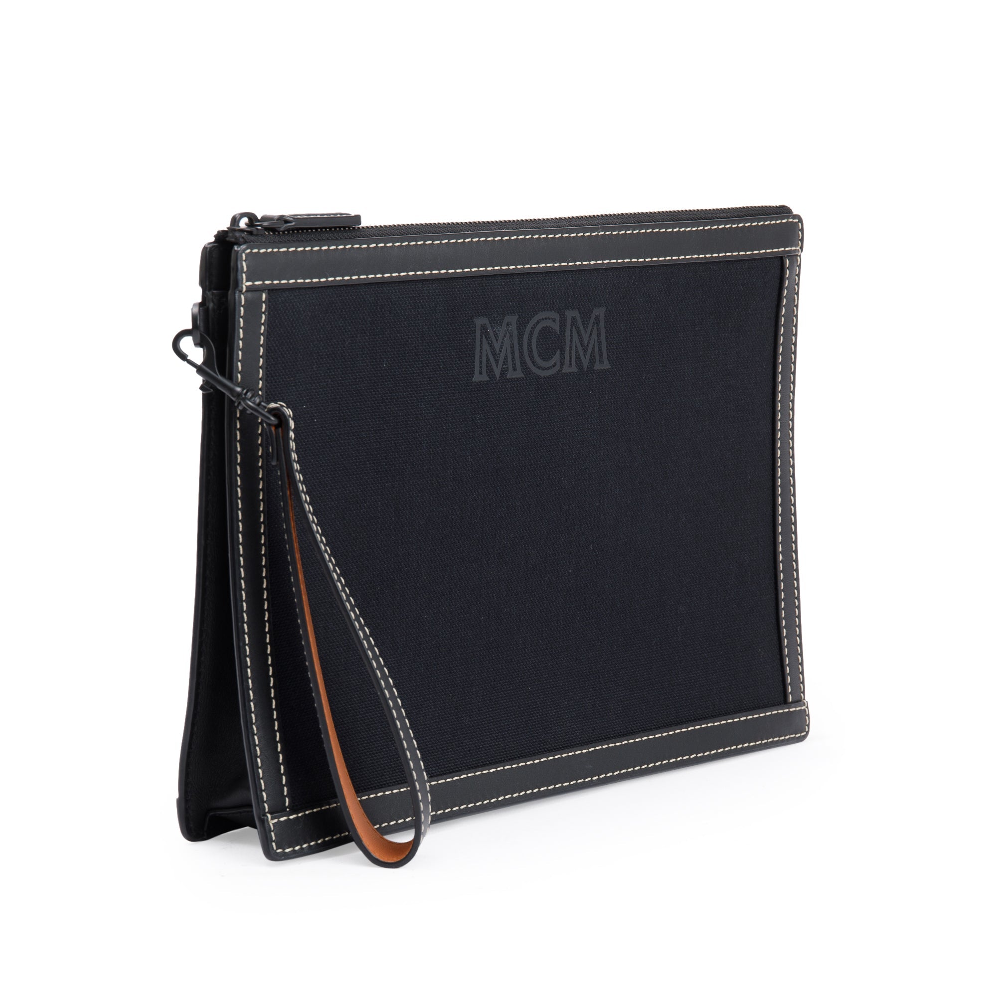 MCM Black Napacot Canvas Aren Standing Wristlet Pouch w/ Strap
