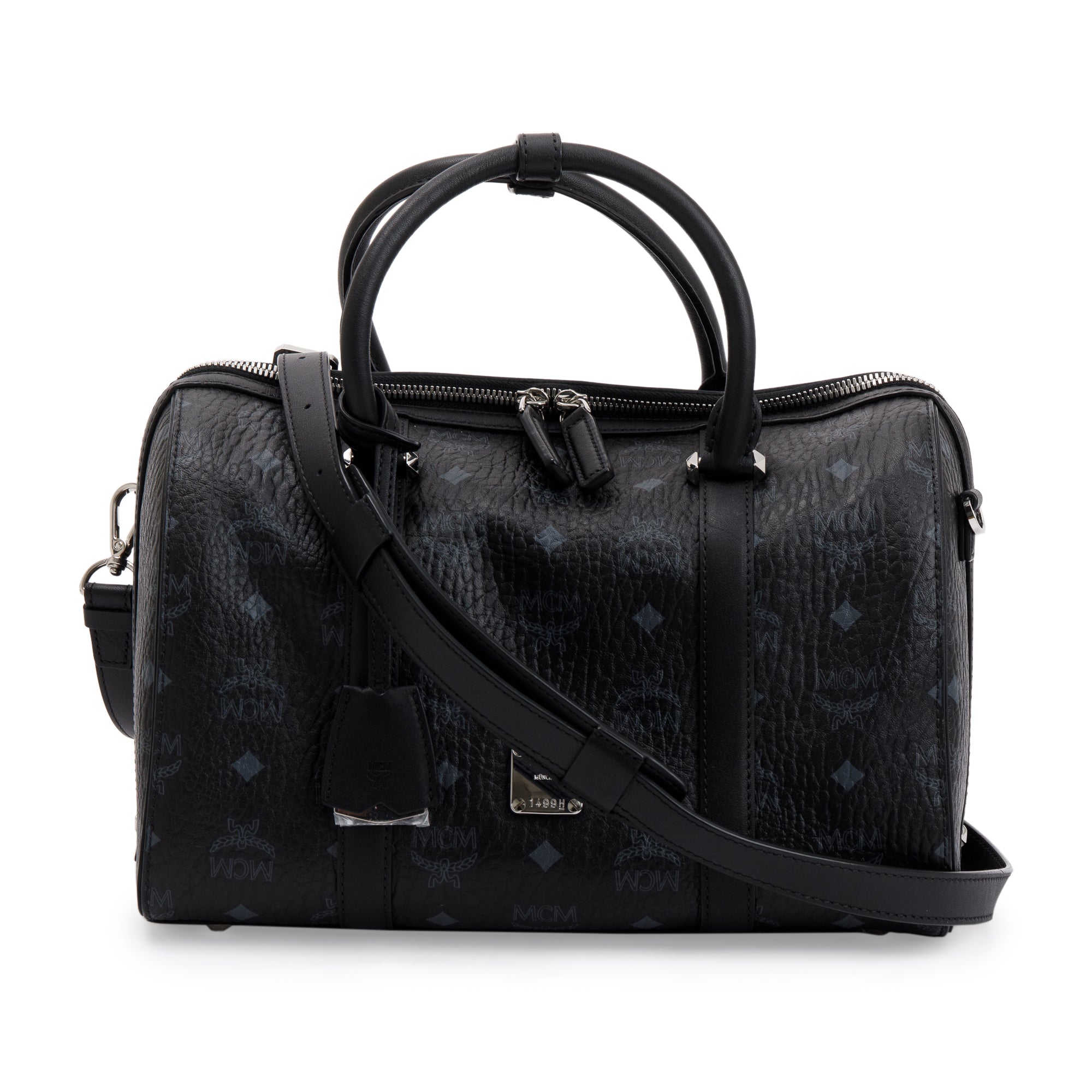 MCM Black Visetos Coated Canvas Boston Bag w/ Strap