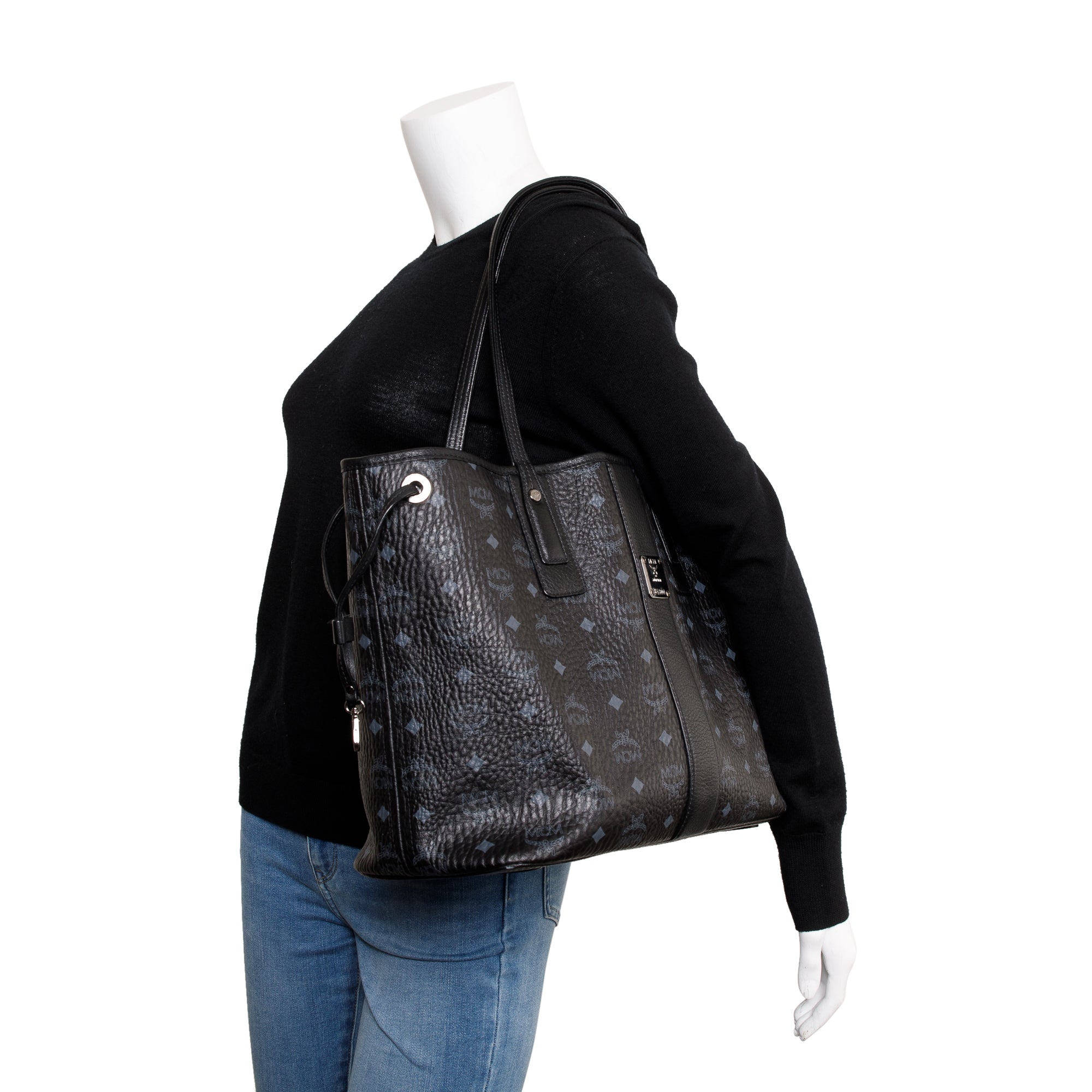 MCM Black Visetos Medium Reversible Liz Shopper Tote w/ Pouch