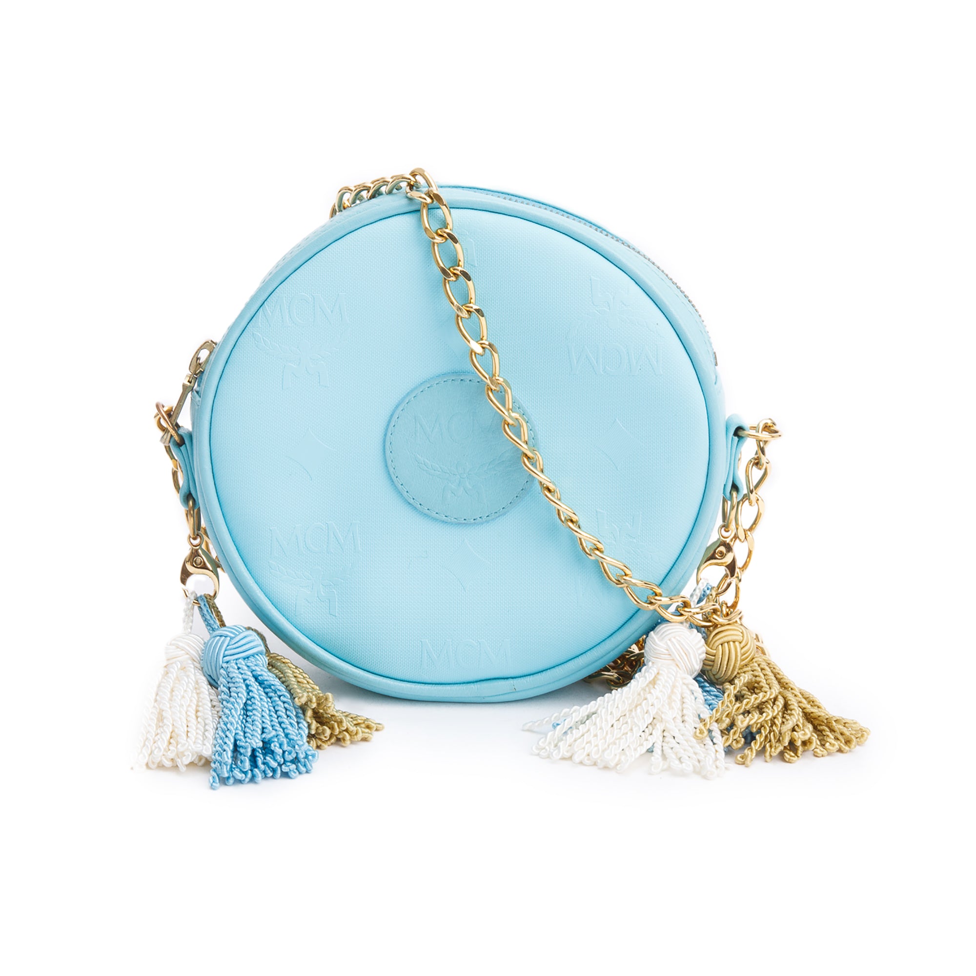 MCM Blue Monogram Canvas Suzy Wong Round Crossbody