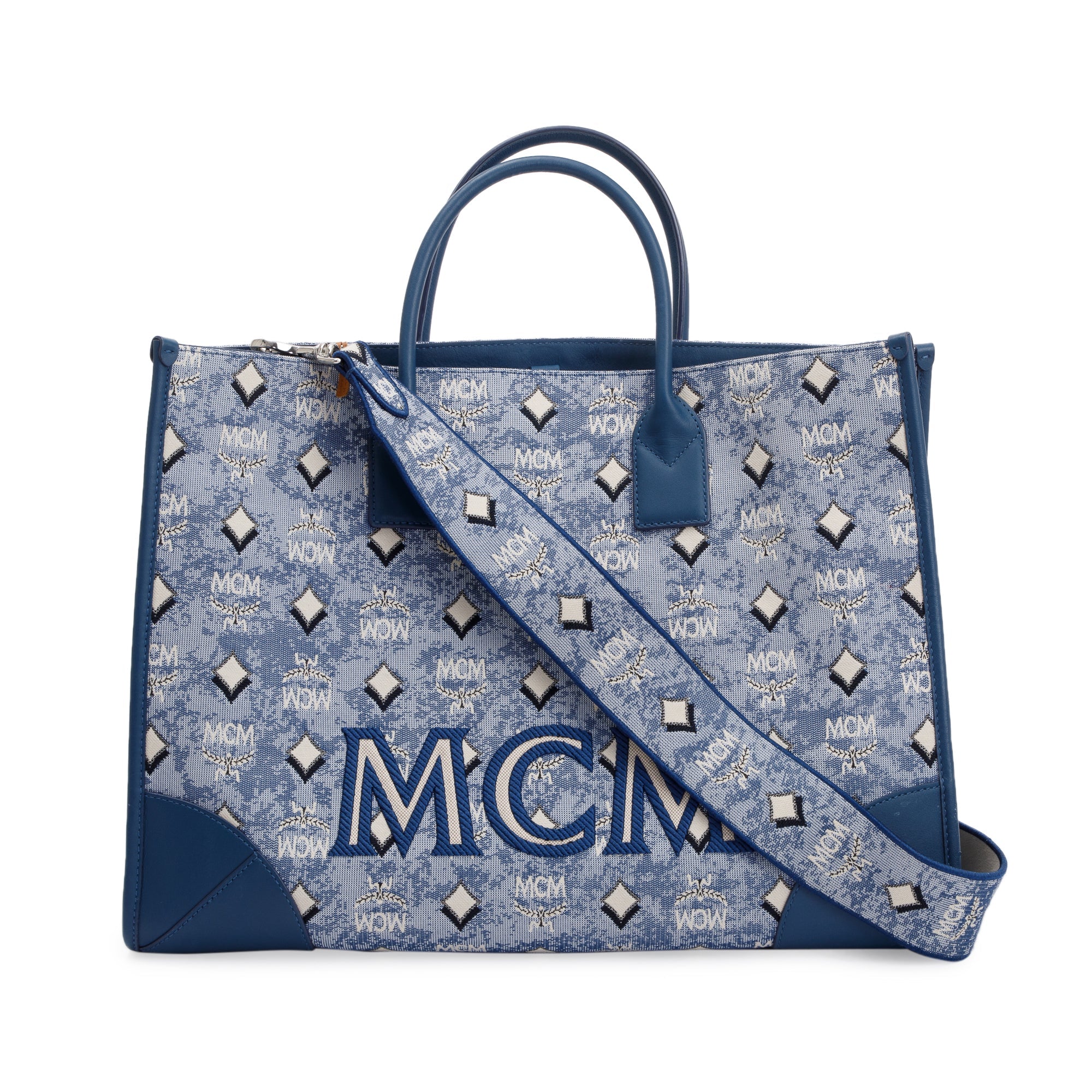 MCM Blue Vintage Monogram Jacquard Extra Large Munchen Tote w/ Strap
