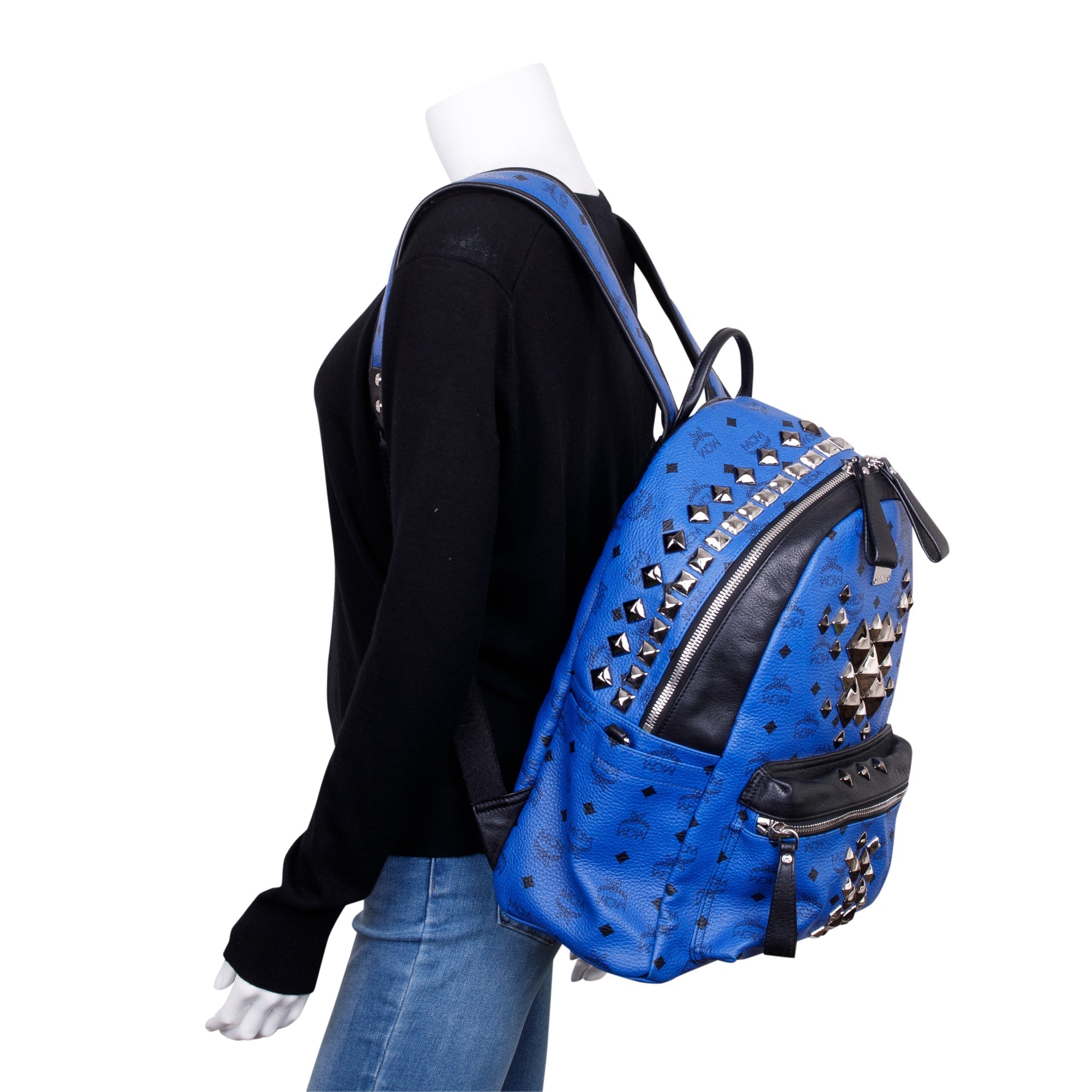 MCM Blue Visetos Studded Colorblock Stark Brock Medium Backpack