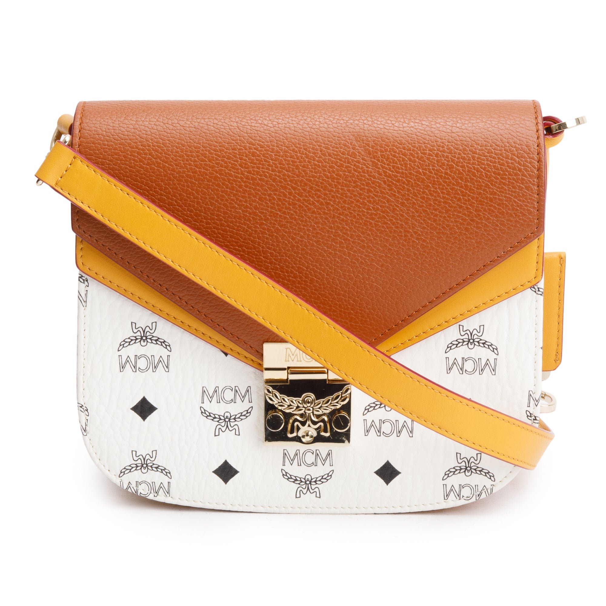 MCM Brown/Yellow Calf Leather White Visetos The Patricia Crossbody w/ Strap