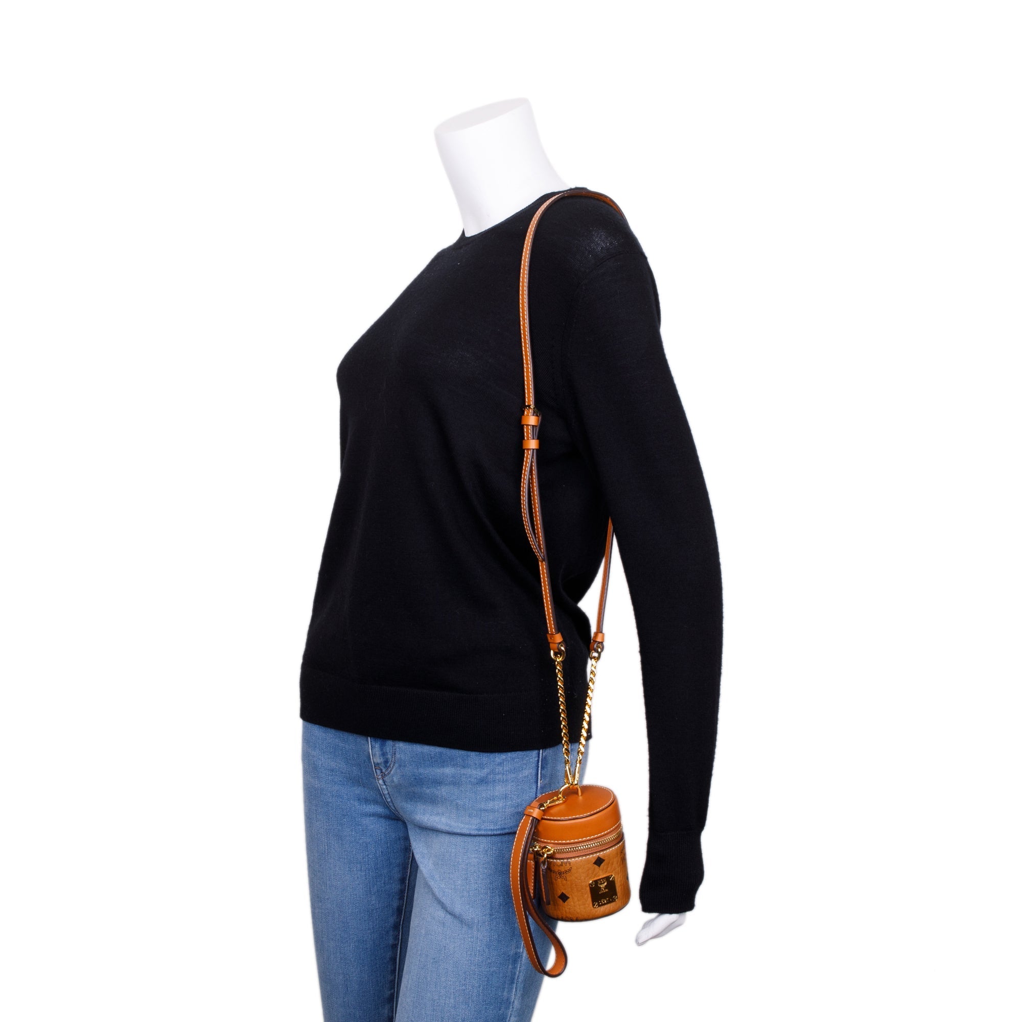 MCM Cognac Viestos Coated Canvas Mini Aren Cylinder Crossbody Bag