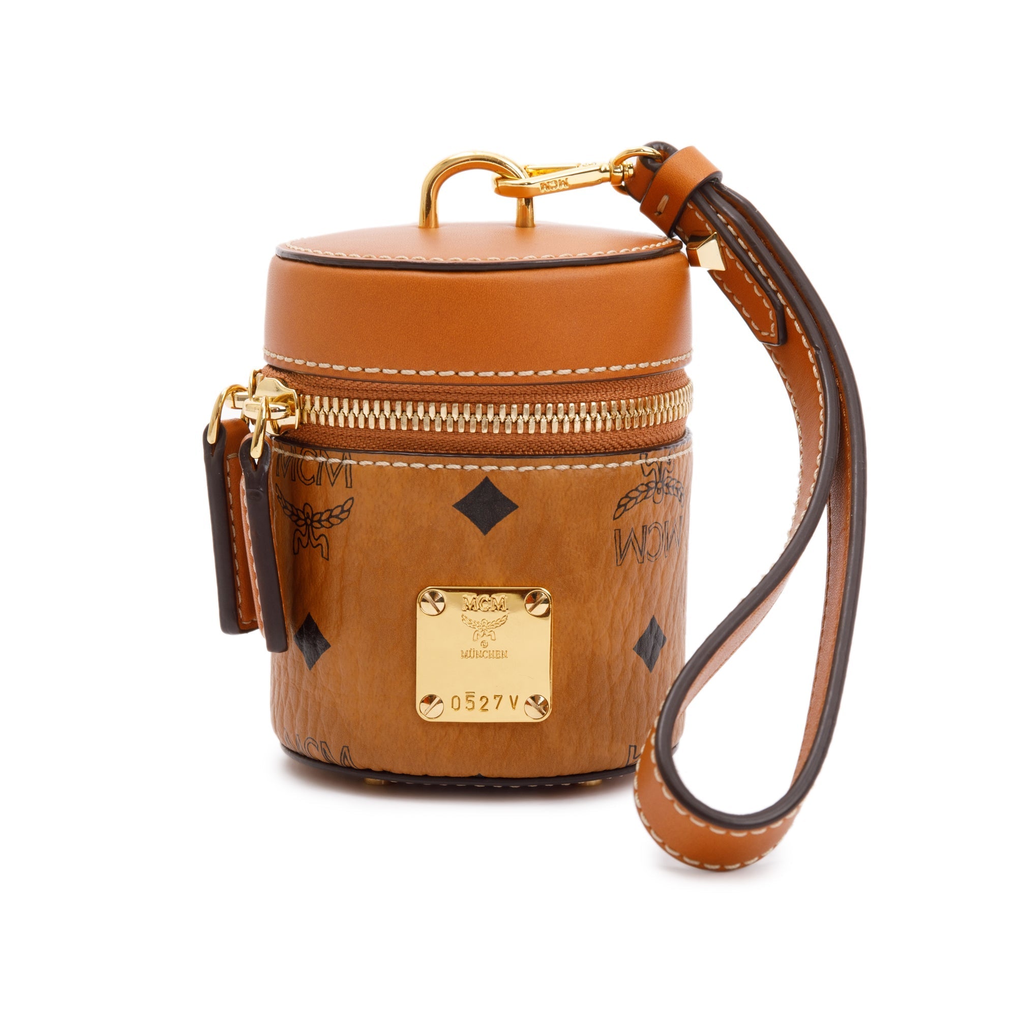 MCM Cognac Viestos Coated Canvas Mini Aren Cylinder Crossbody Bag