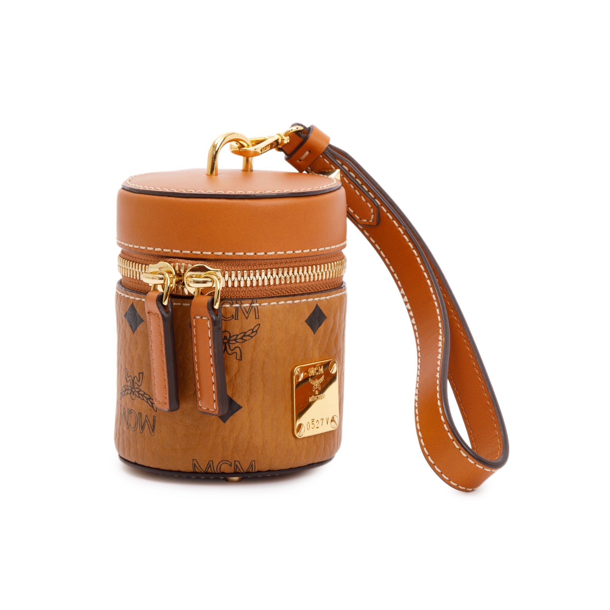 MCM Cognac Viestos Coated Canvas Mini Aren Cylinder Crossbody Bag