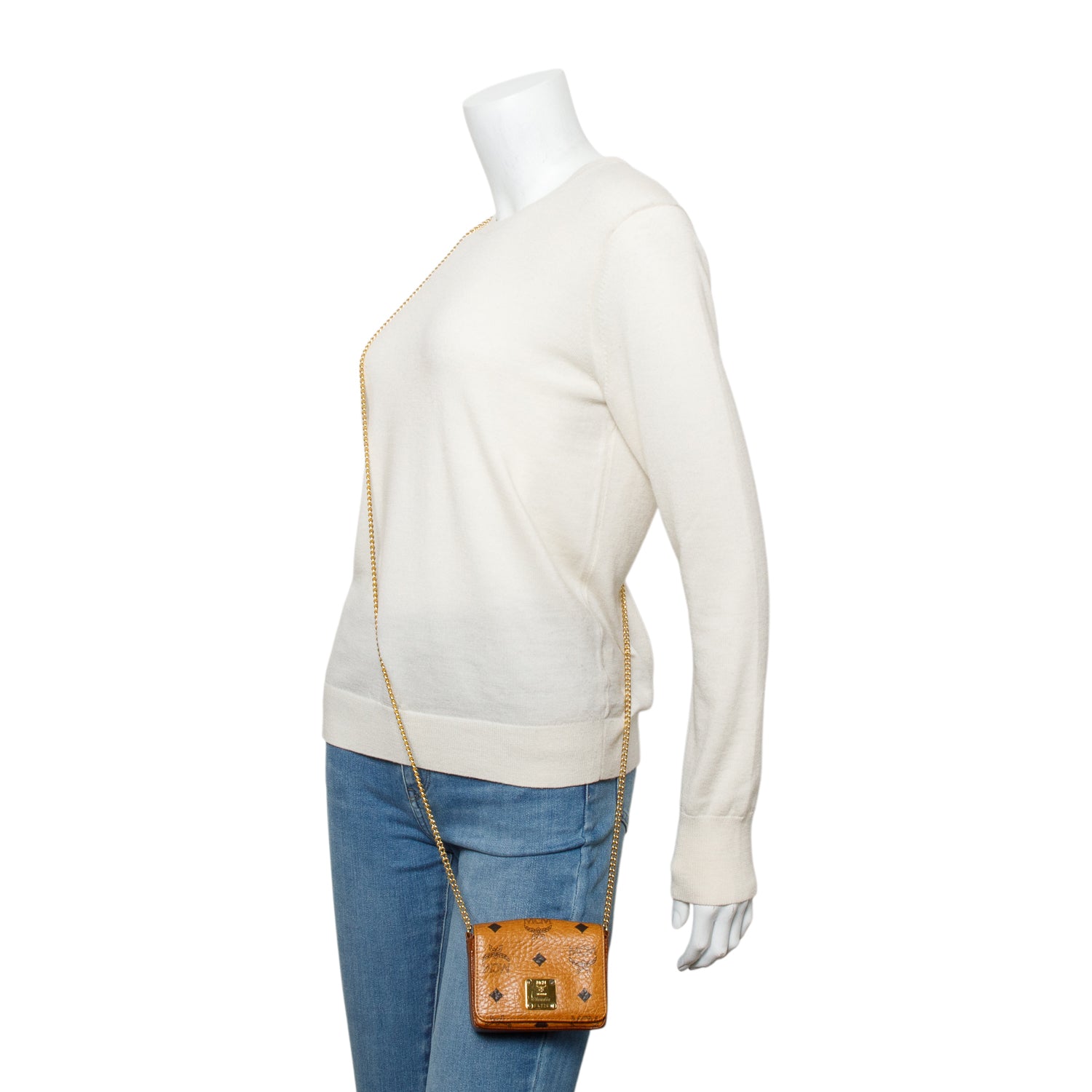 MCM Cognac Visetos Chain Card Holder Crossbody