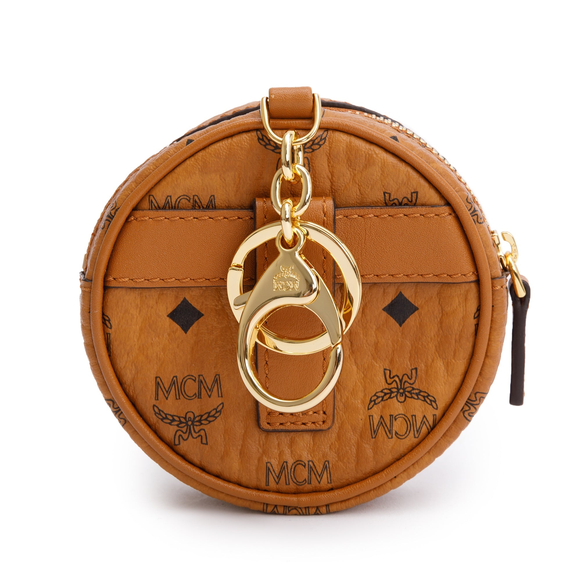 MCM Cognac Visetos Round Coin Pouch Key Ring Crossbody Bag w/ Strap
