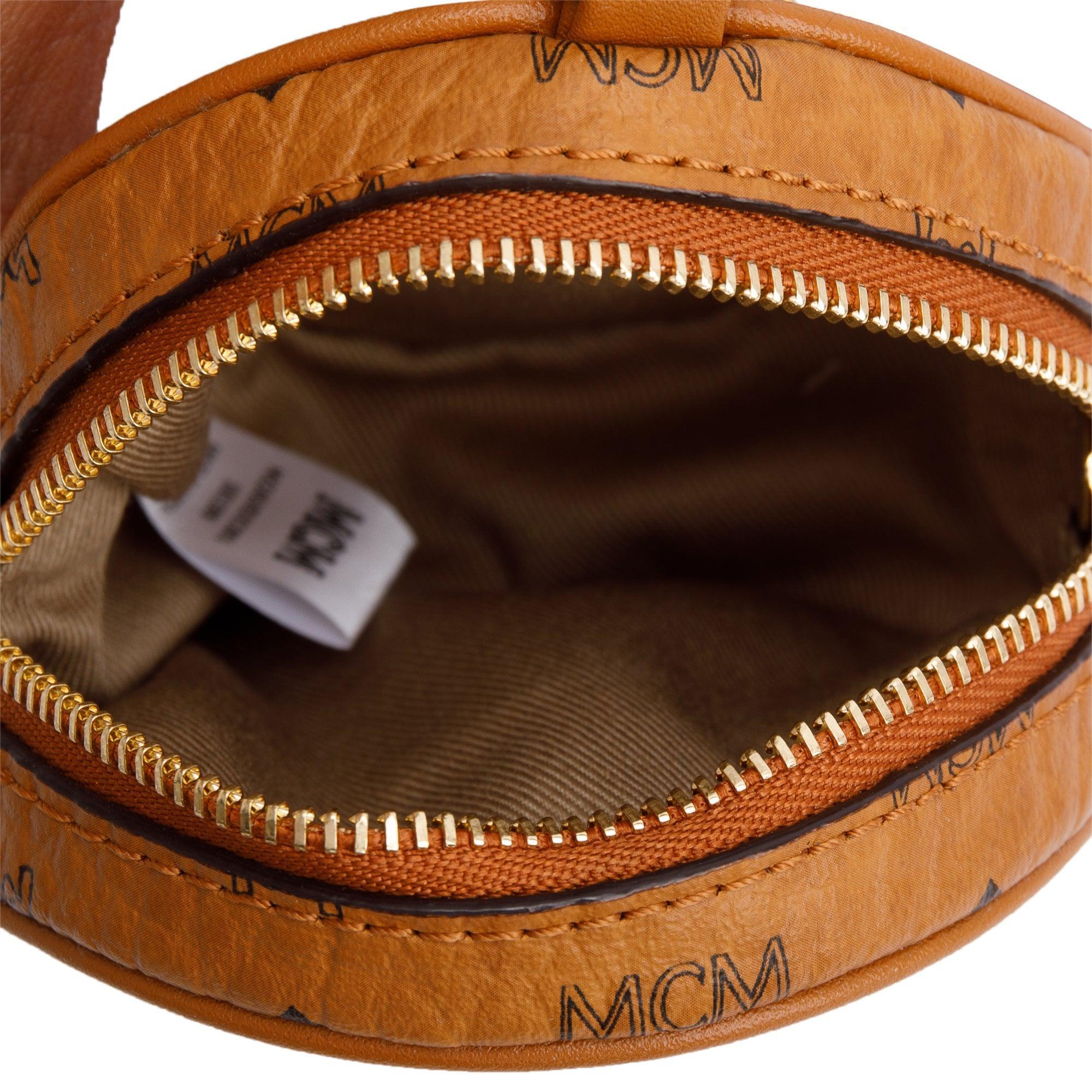MCM Cognac Visetos Round Coin Pouch Key Ring Crossbody Bag w/ Strap
