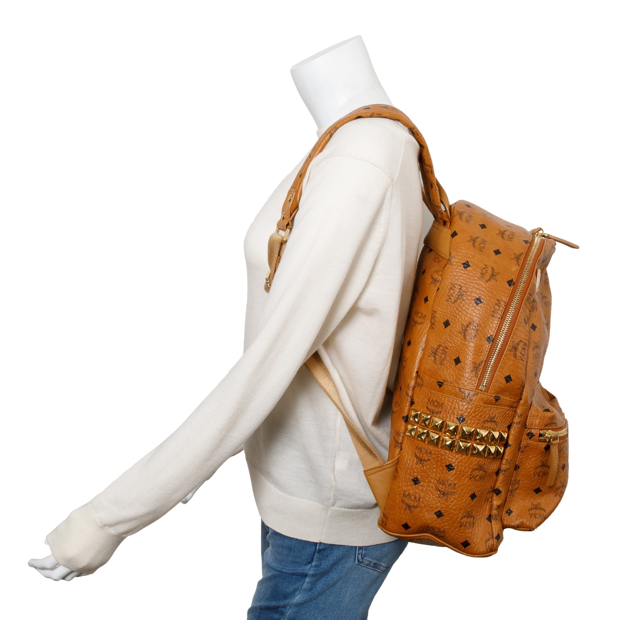 MCM Cognac Visetos Stark Side Studs Medium Backpack
