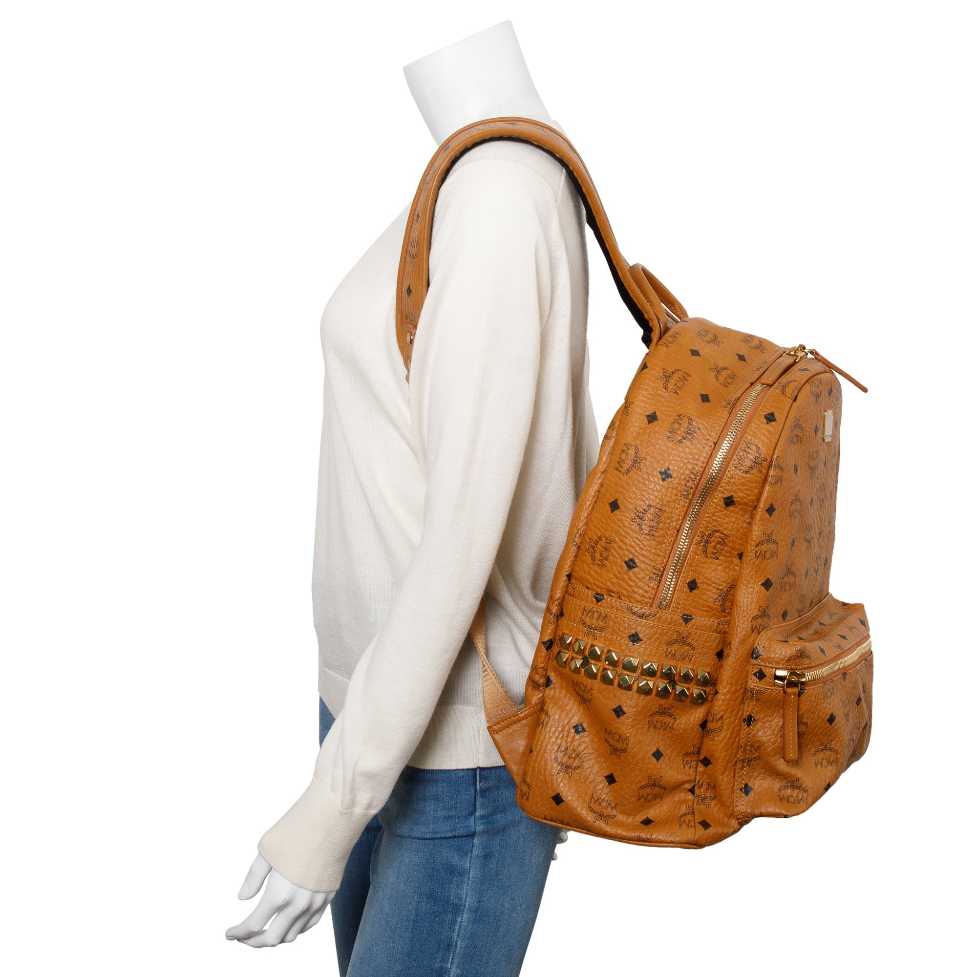 MCM Cognac Visetos Stark Side Studs Medium Backpack