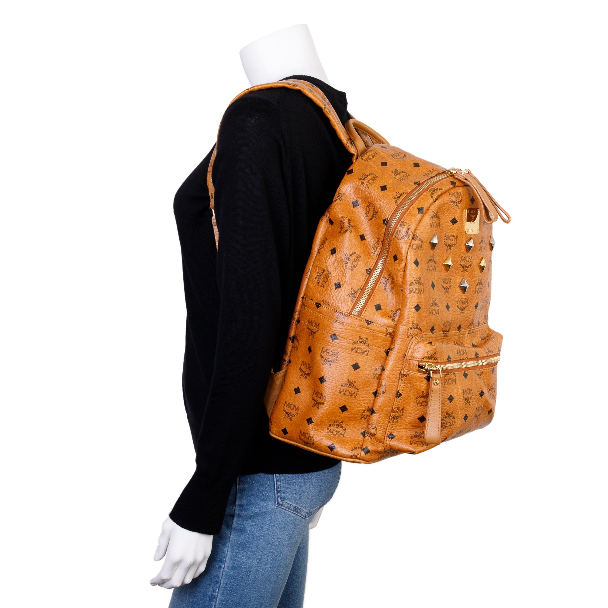 MCM Cognac Visetos Studded Stark Medium Backpack