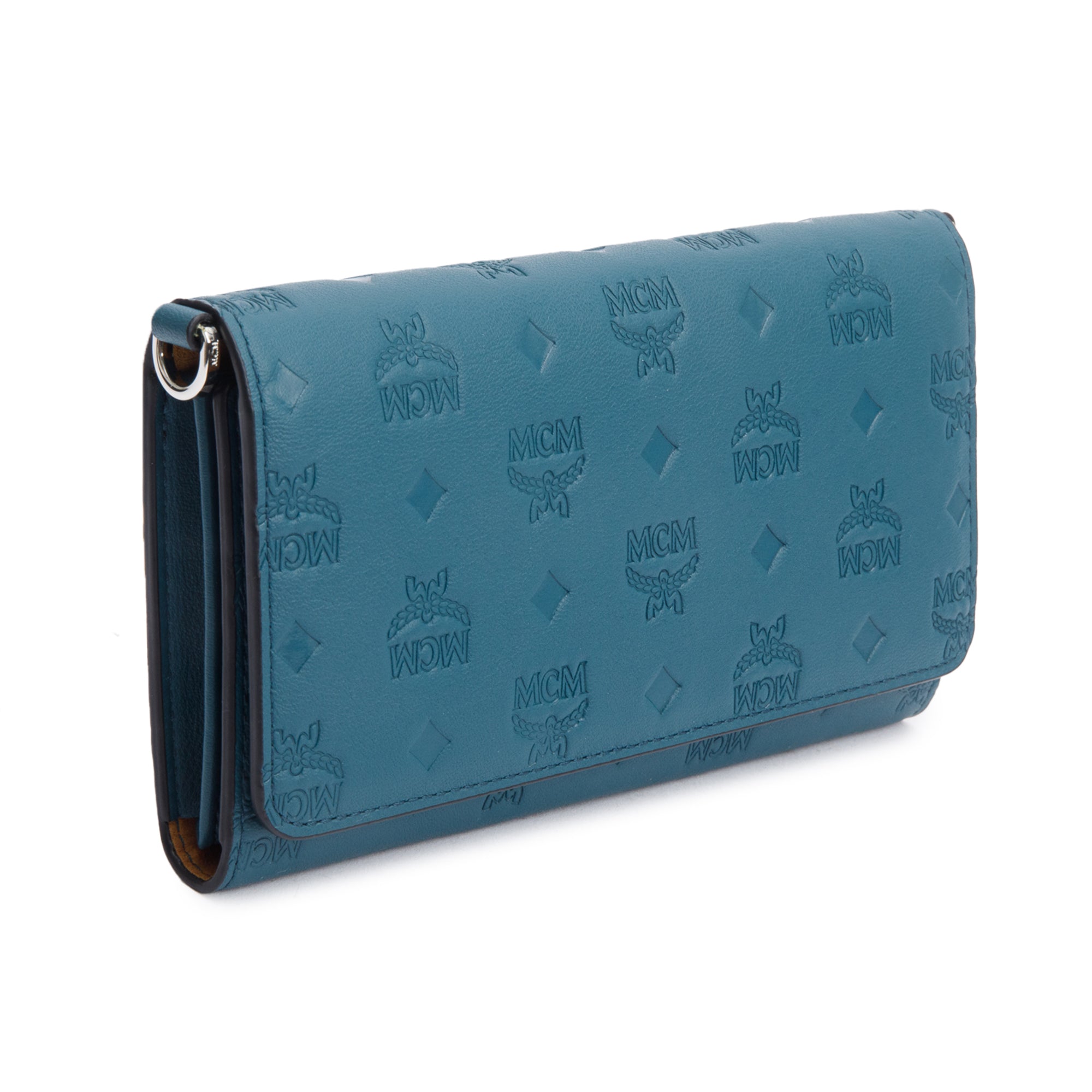 MCM Deep Teal Embossed Leather Ottomar Wallet on Chain w/ Box