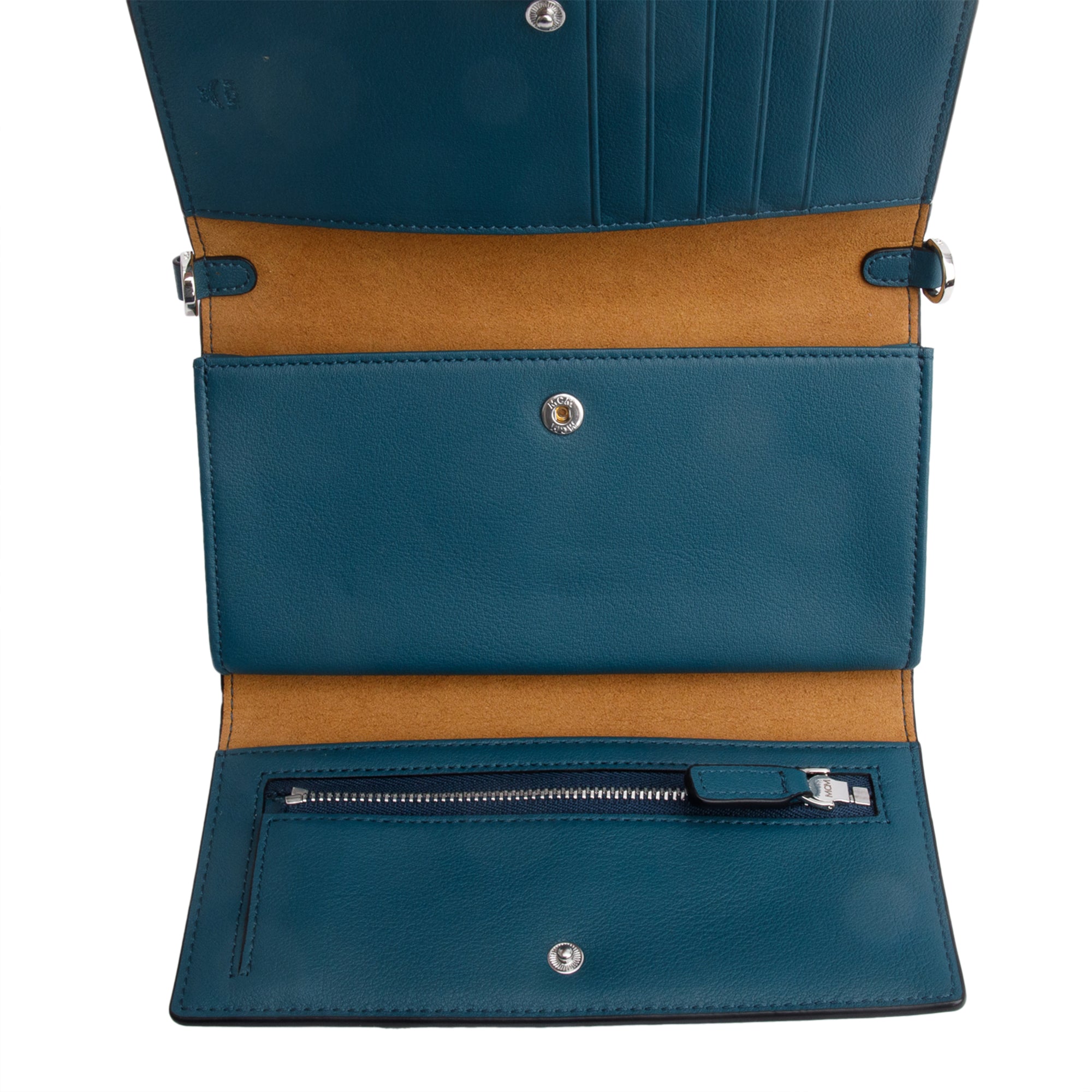 MCM Deep Teal Embossed Leather Ottomar Wallet on Chain w/ Box
