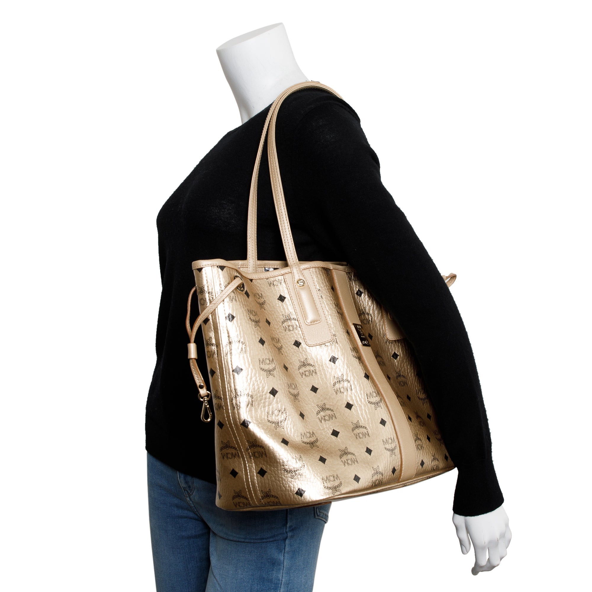 MCM Metallic Gold Visetos Medium Reversible Liz Shopper Tote w/ Pouch