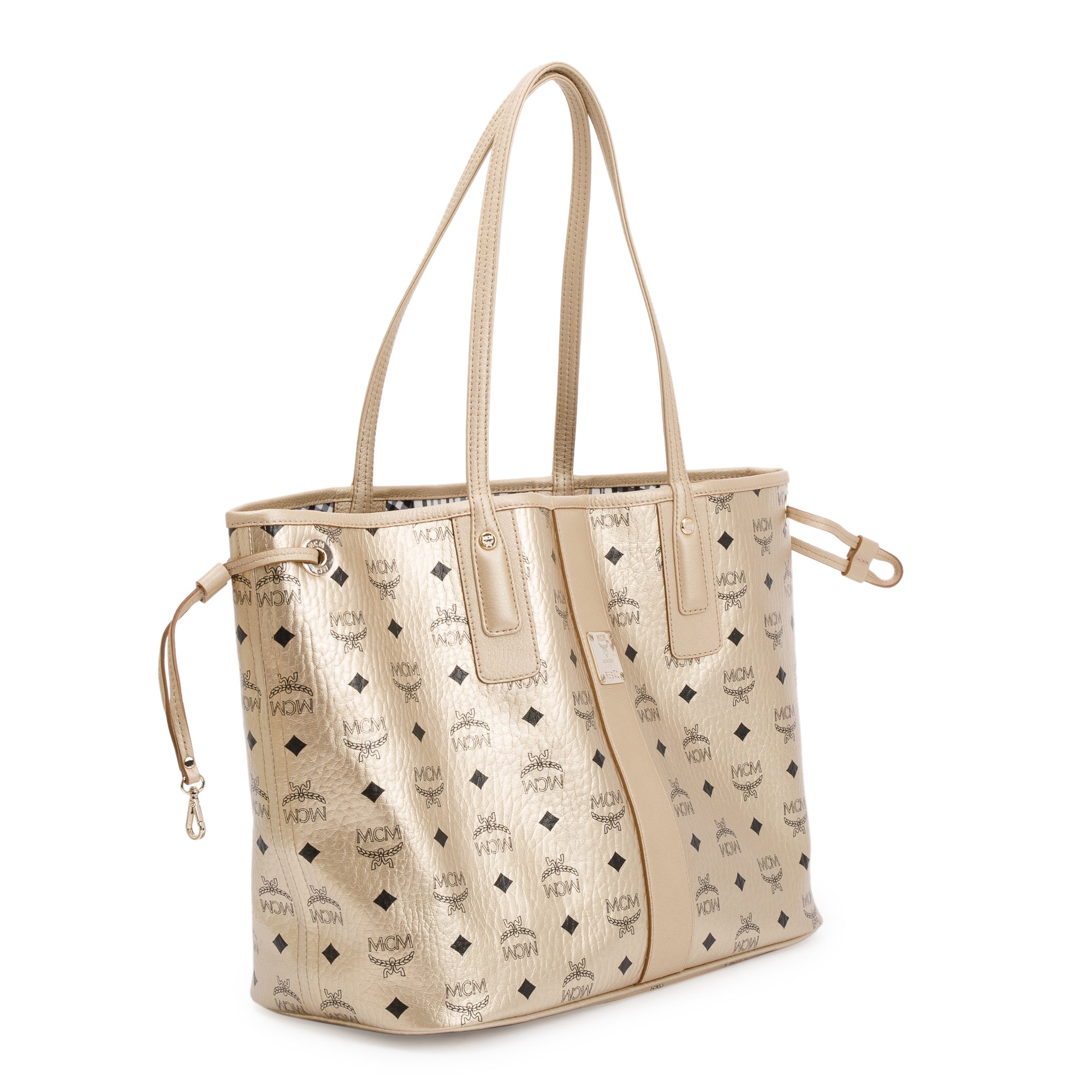 MCM Metallic Gold Visetos Medium Reversible Liz Shopper Tote w/ Pouch