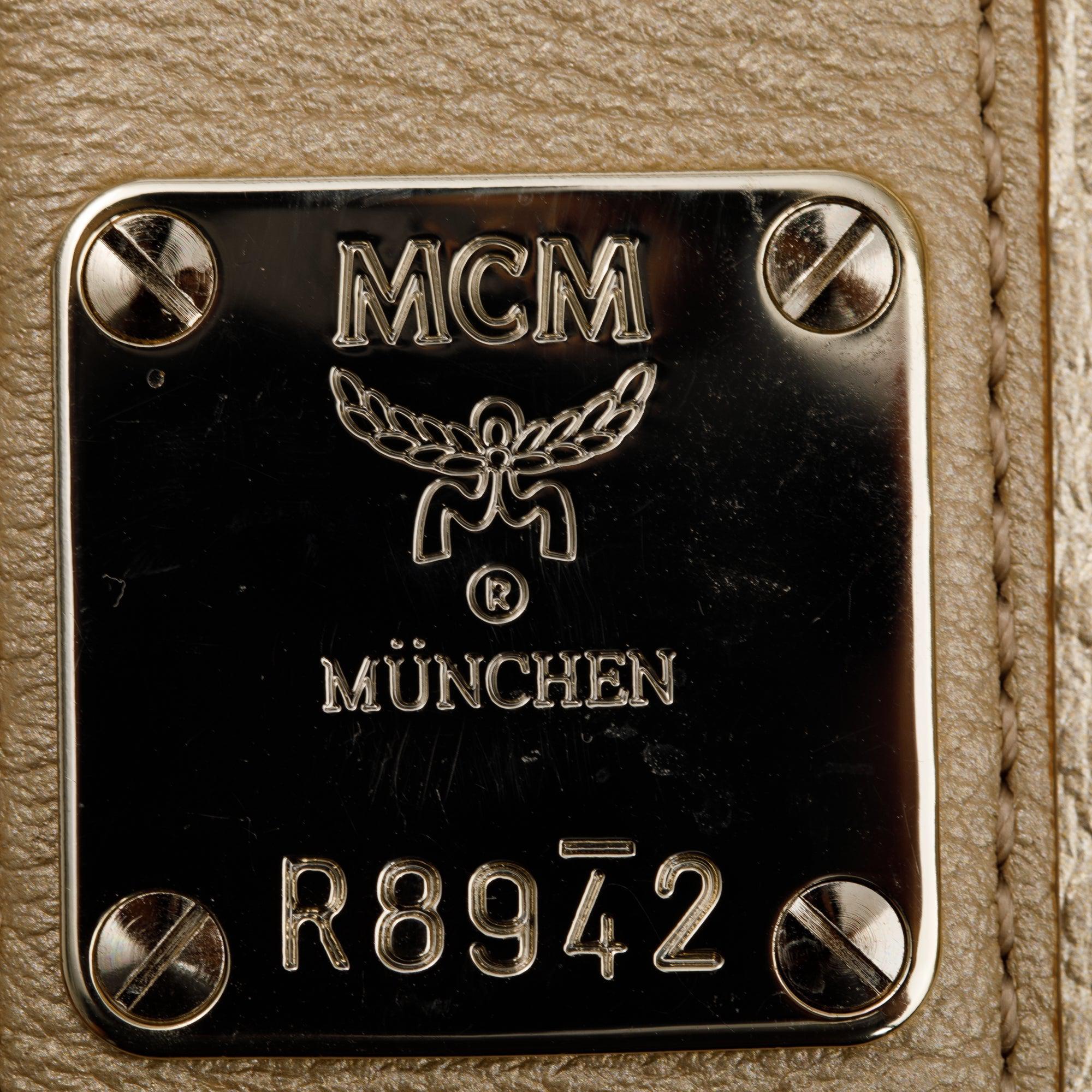 MCM Metallic Gold Visetos Medium Reversible Liz Shopper Tote w/ Pouch