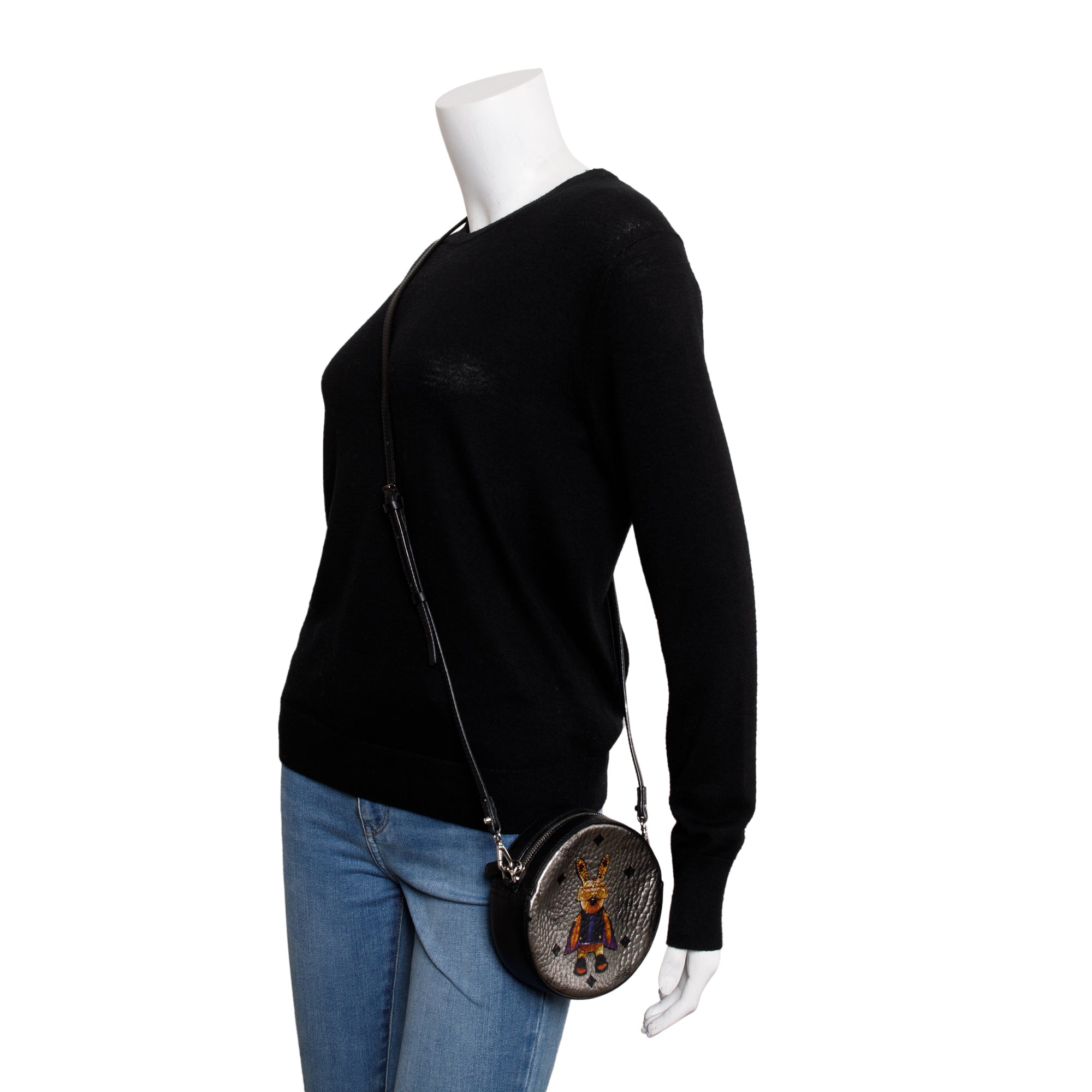 MCM Metallic Silver Visetos Rabbit Tambourine Crossbody Bag