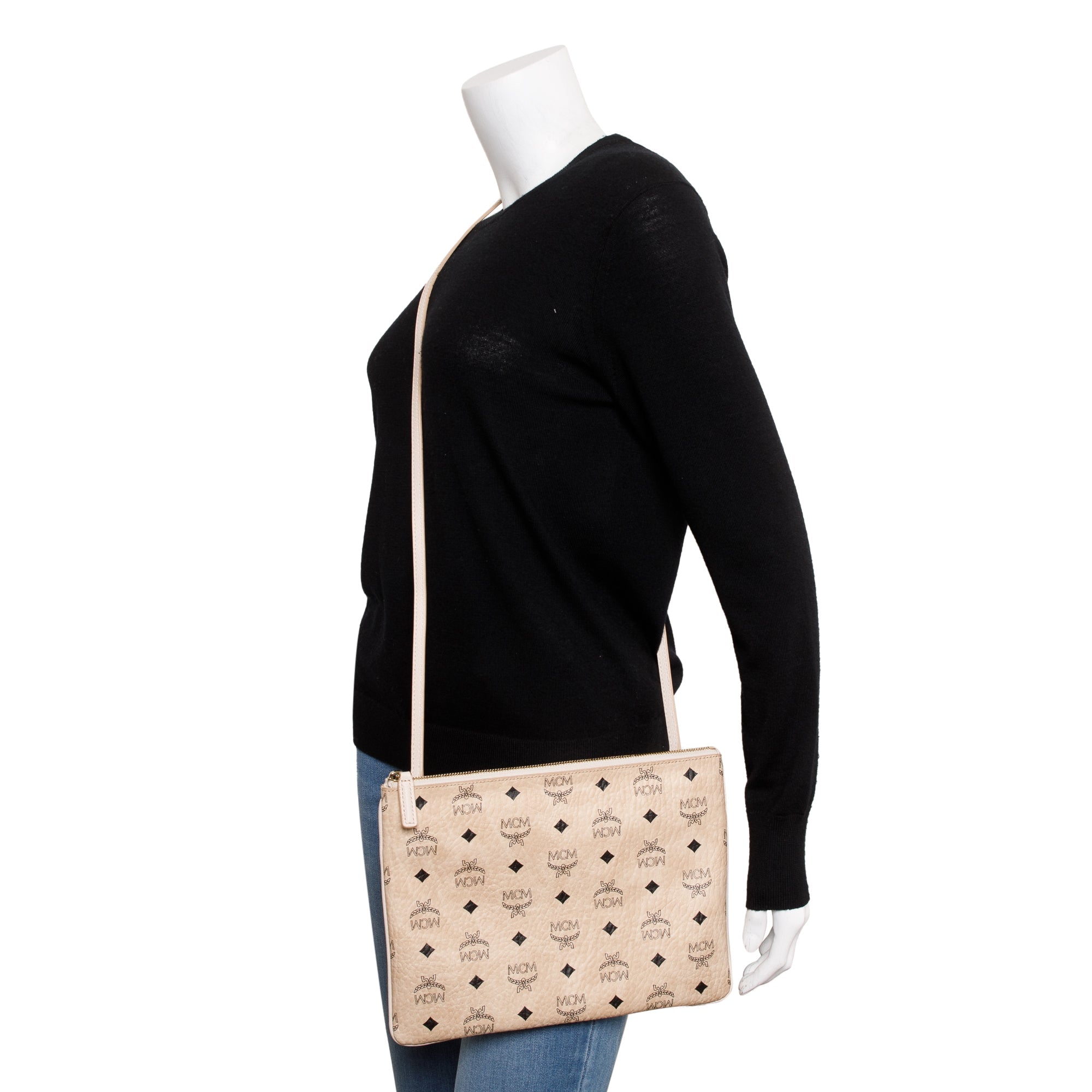 MCM Neutral leather Trimmed Visetos Coated Canvas Medium Crossbody Pouch