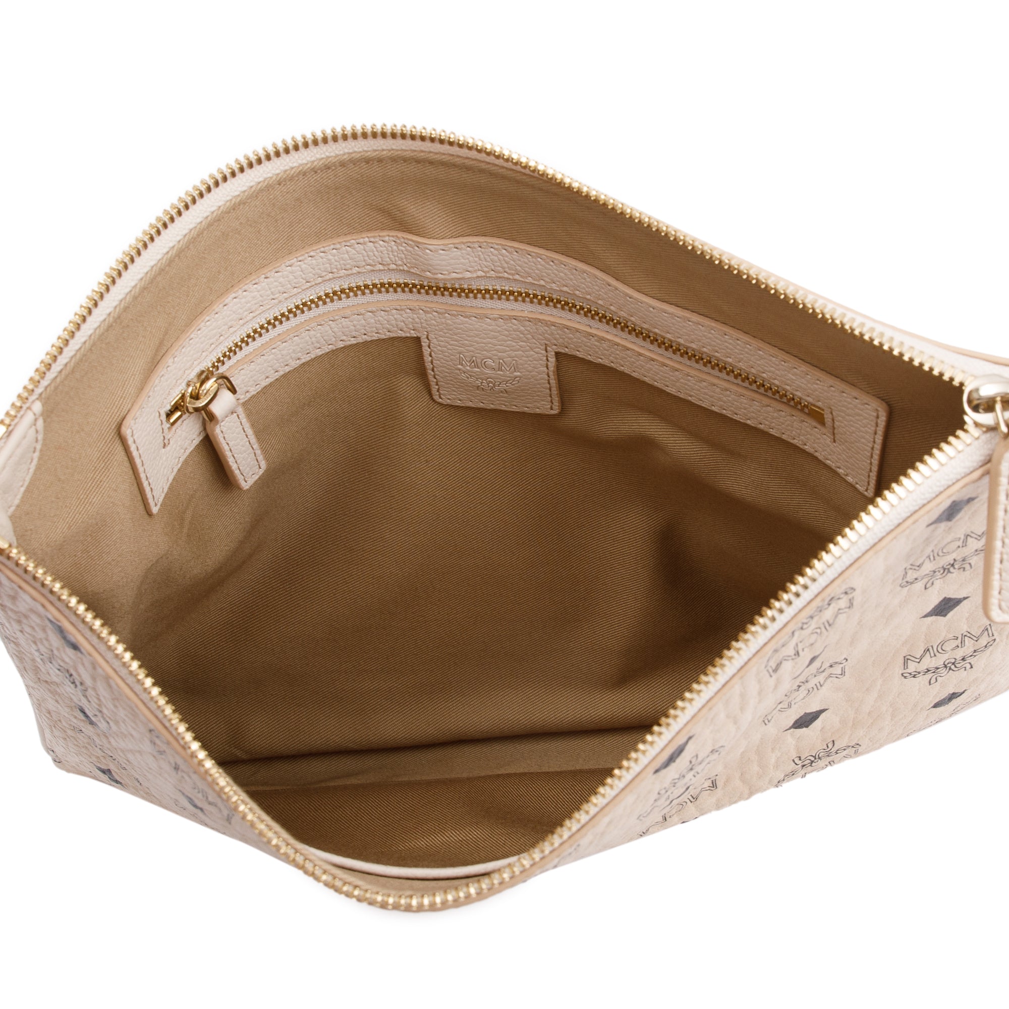 MCM Neutral leather Trimmed Visetos Coated Canvas Medium Crossbody Pouch