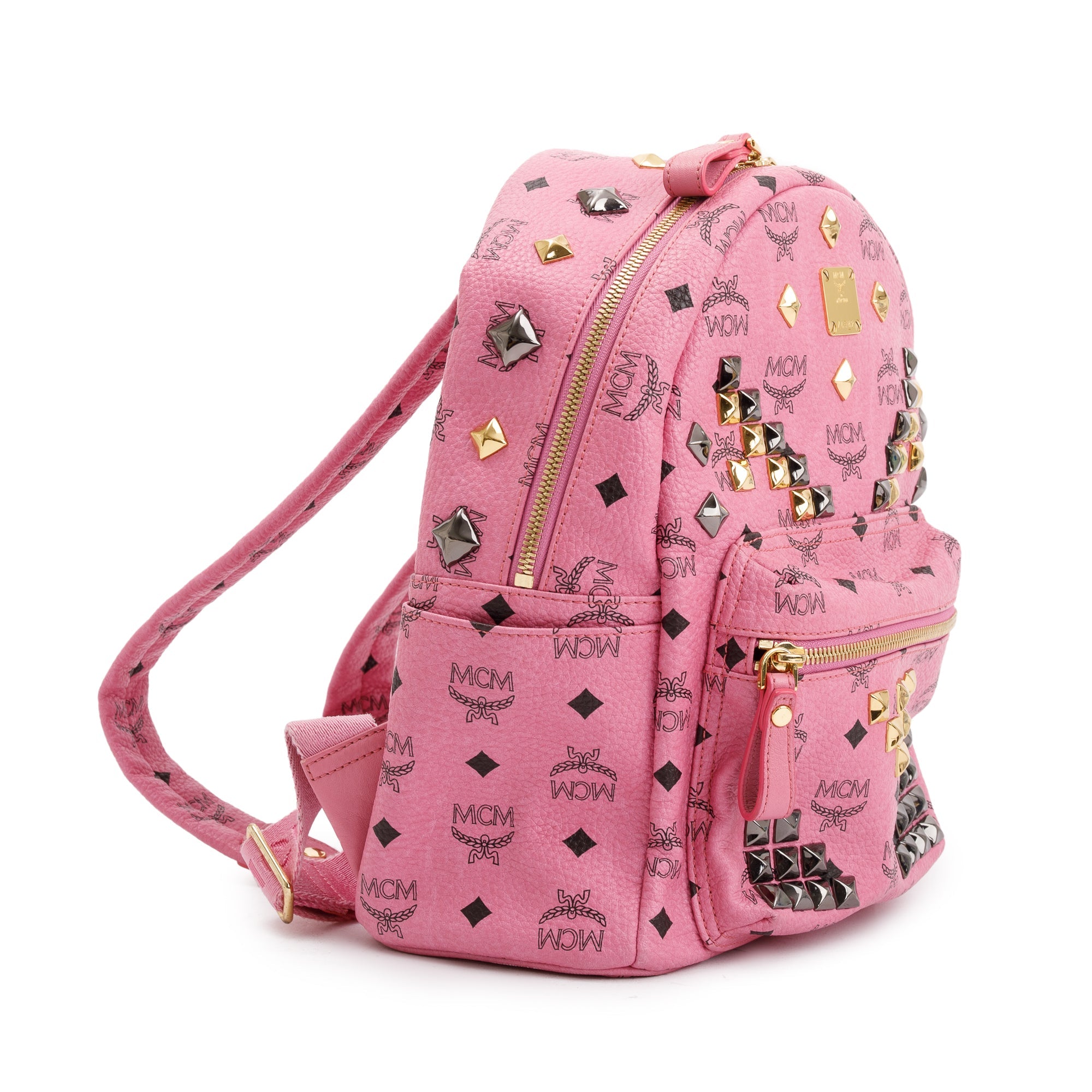 MCM Pink Visetos Studded Colorblock Stark Small Backpack