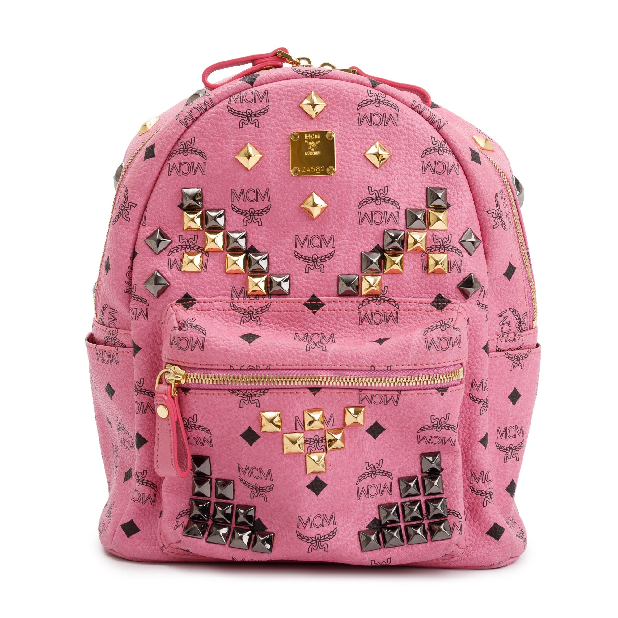 MCM Pink Visetos Studded Colorblock Stark Small Backpack