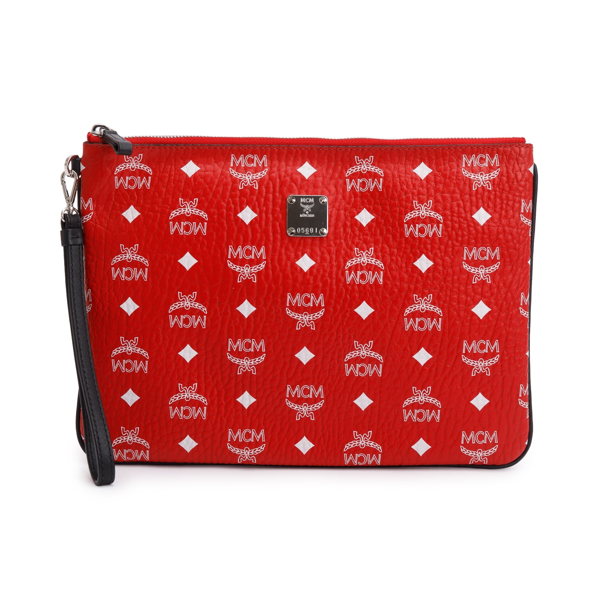 MCM Red Visetos Medium Wristlet Zip Pouch