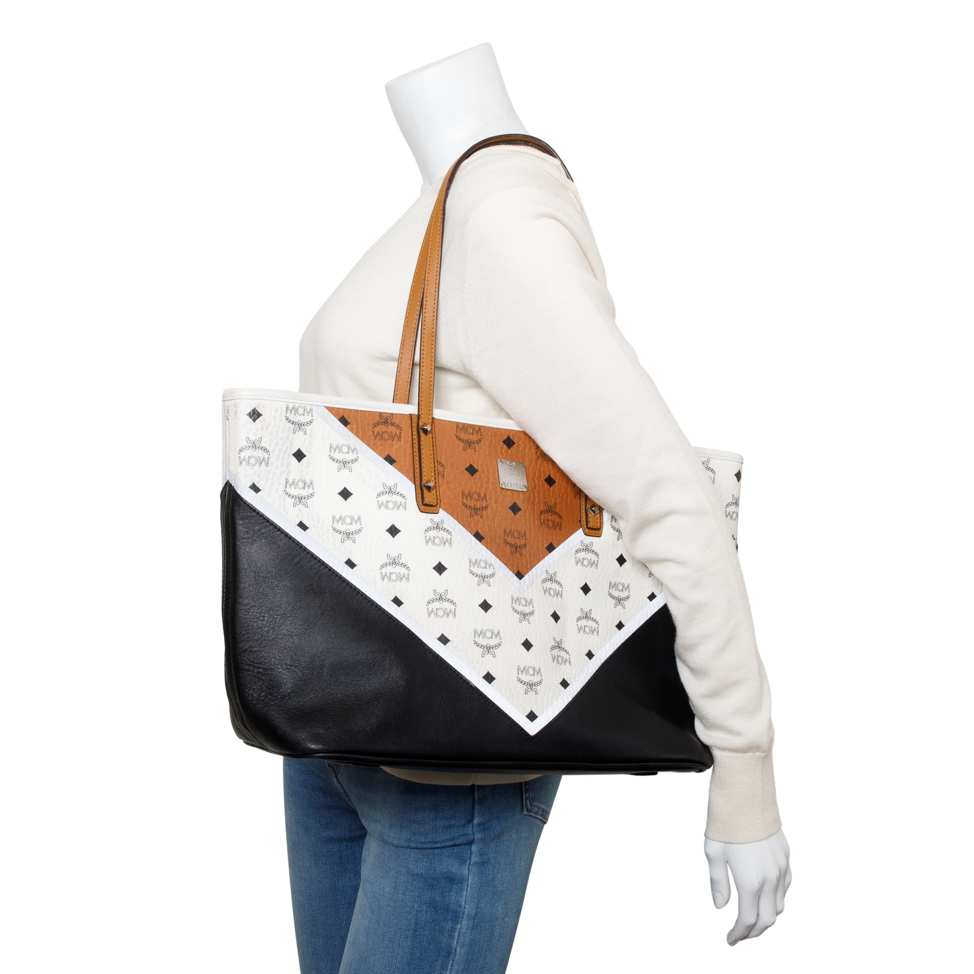 MCM White & Cognac Visetos Black Leather Anya Shopper Tote