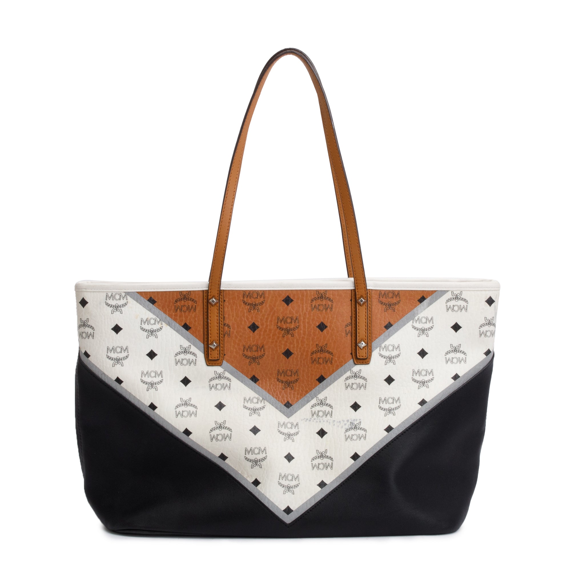 MCM White & Cognac Visetos Black Leather Anya Shopper Tote