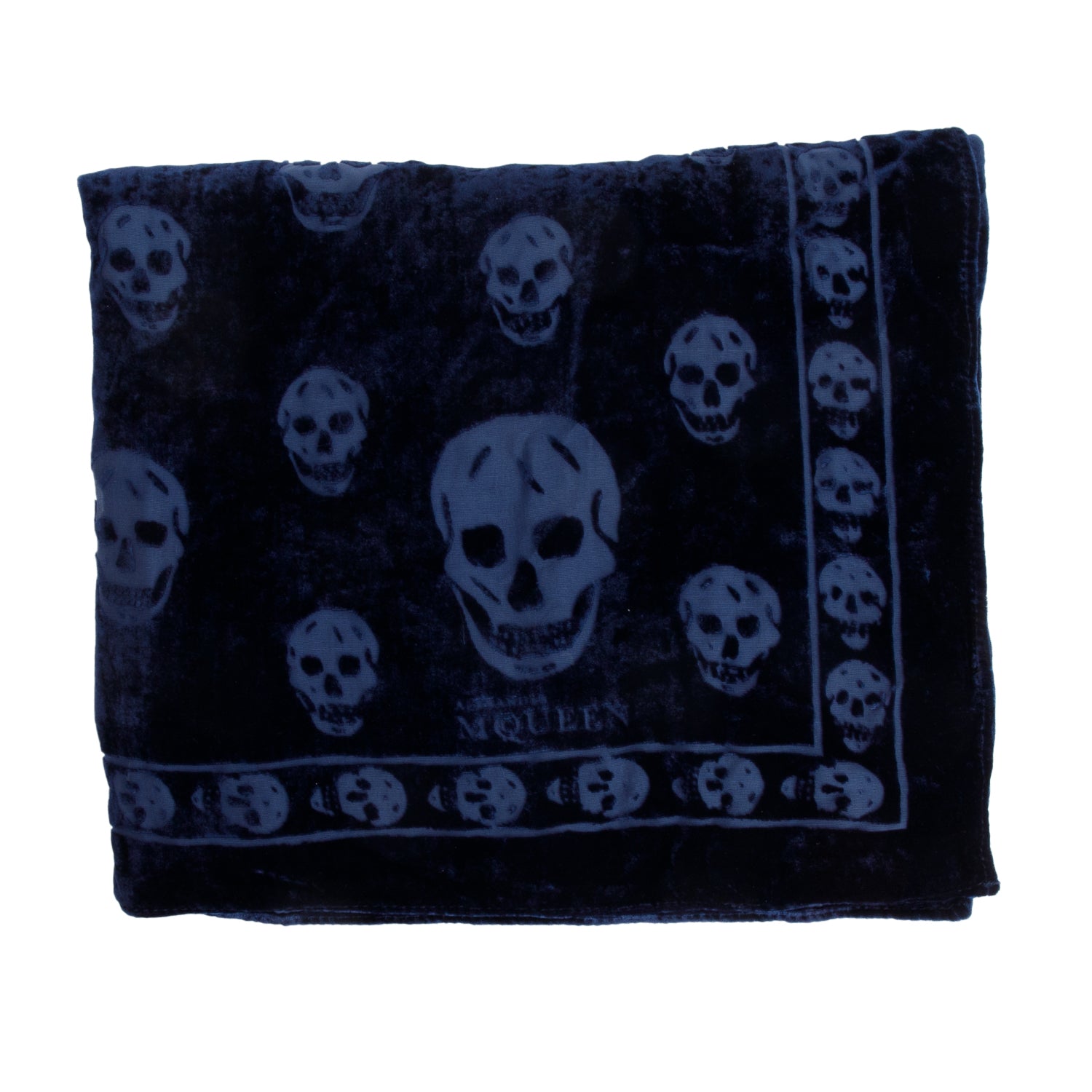 Alexander McQueen Blue Skull Printed Velvet Silk Scarf