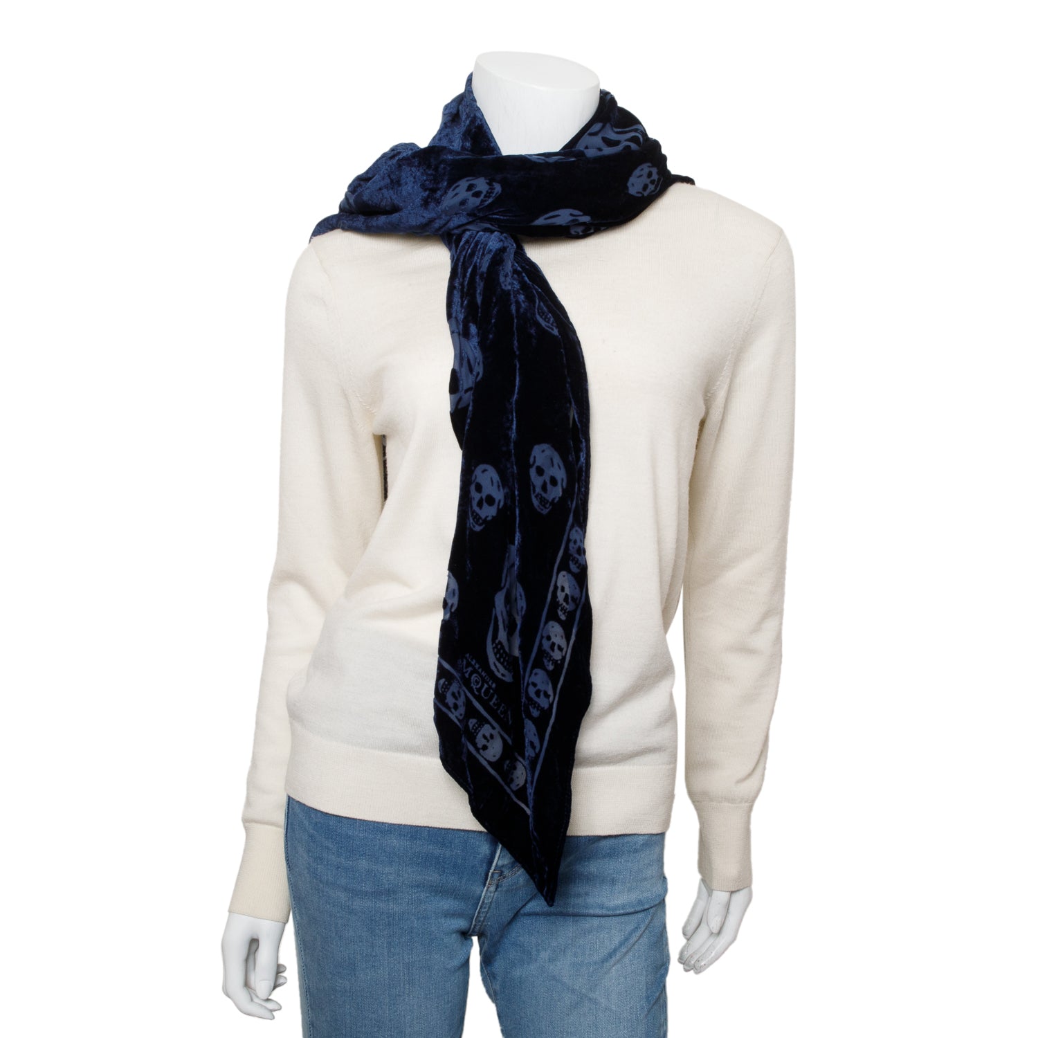 Alexander McQueen Blue Skull Printed Velvet Silk Scarf