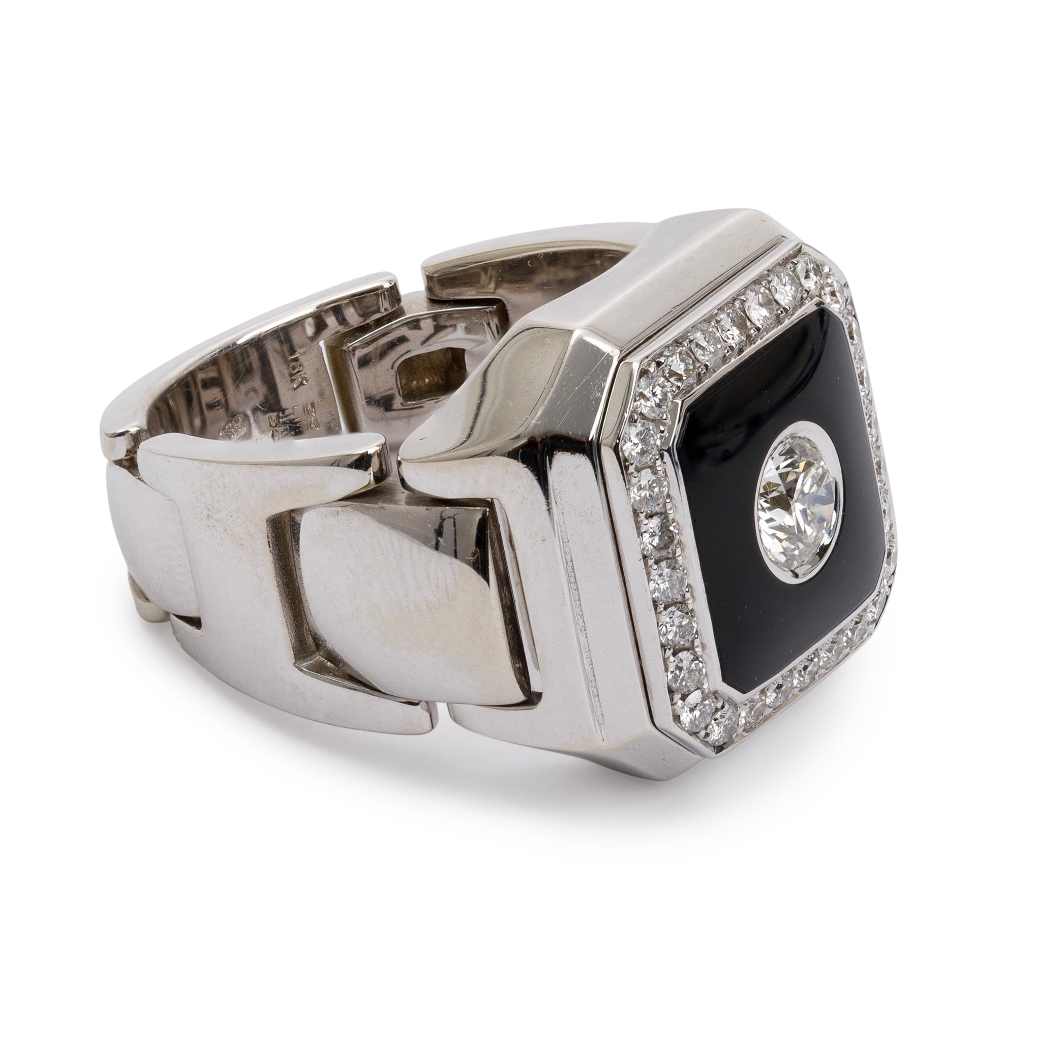 Men's 18k White Gold Diamond & Onyx Rolex Style Movable Link Ring, Size 11.5