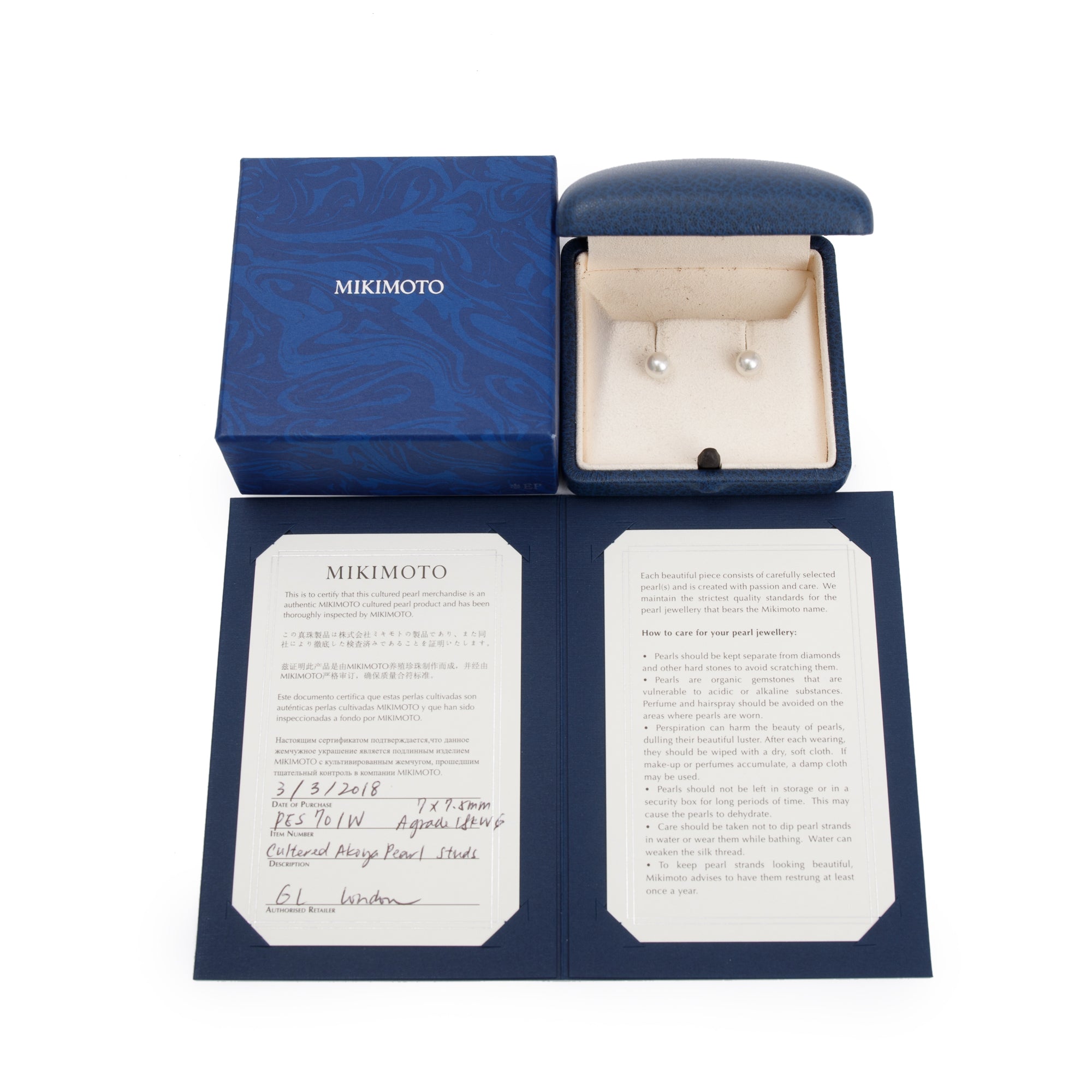 Mikimoto 18k White Gold 7MM Akoya Pearl Stud Earrings w/ Box & Certificate