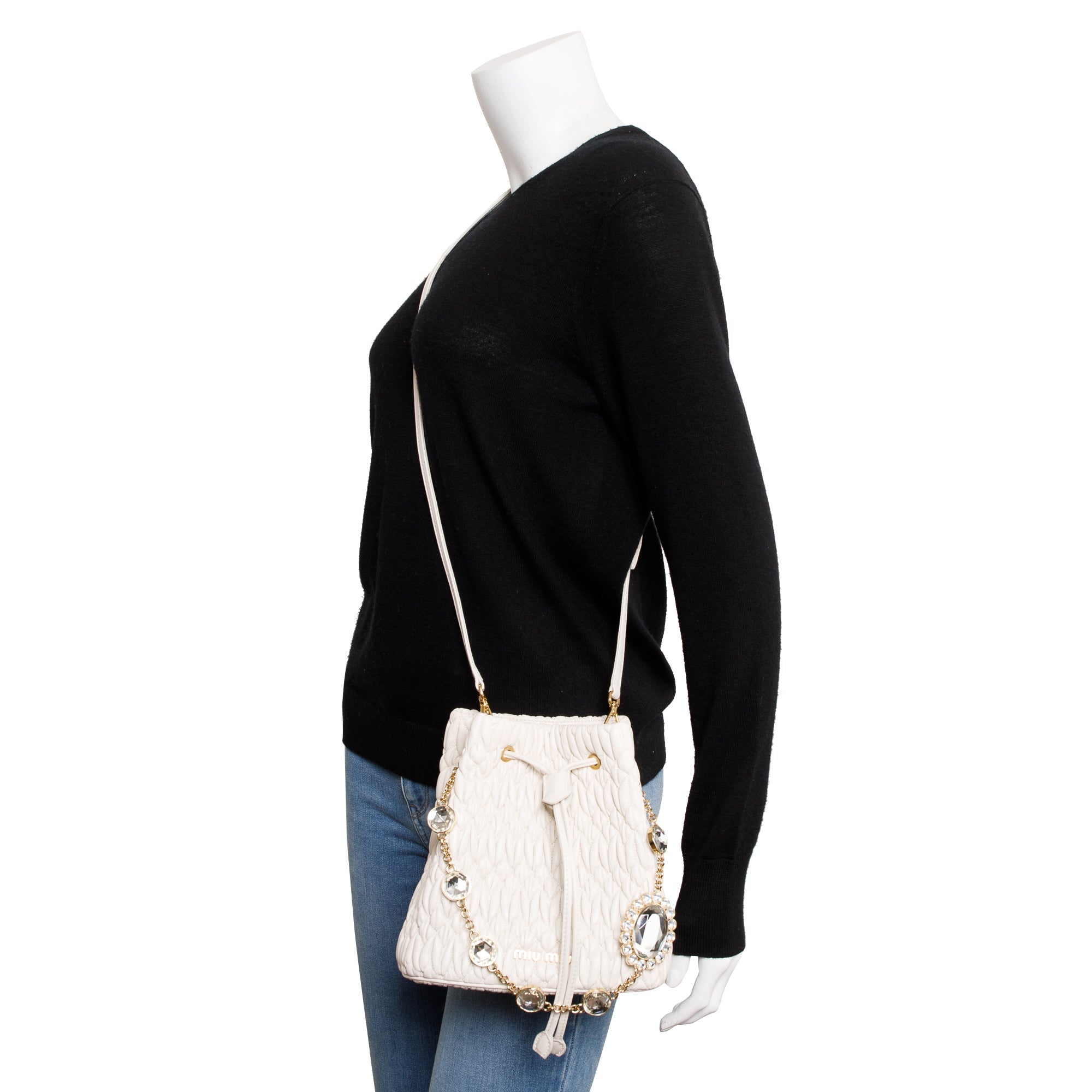 Miu Miu 2020 White Matelasse Nappa Crystal Drawstring Bucket Bag w/ Strap & Authenticity Card