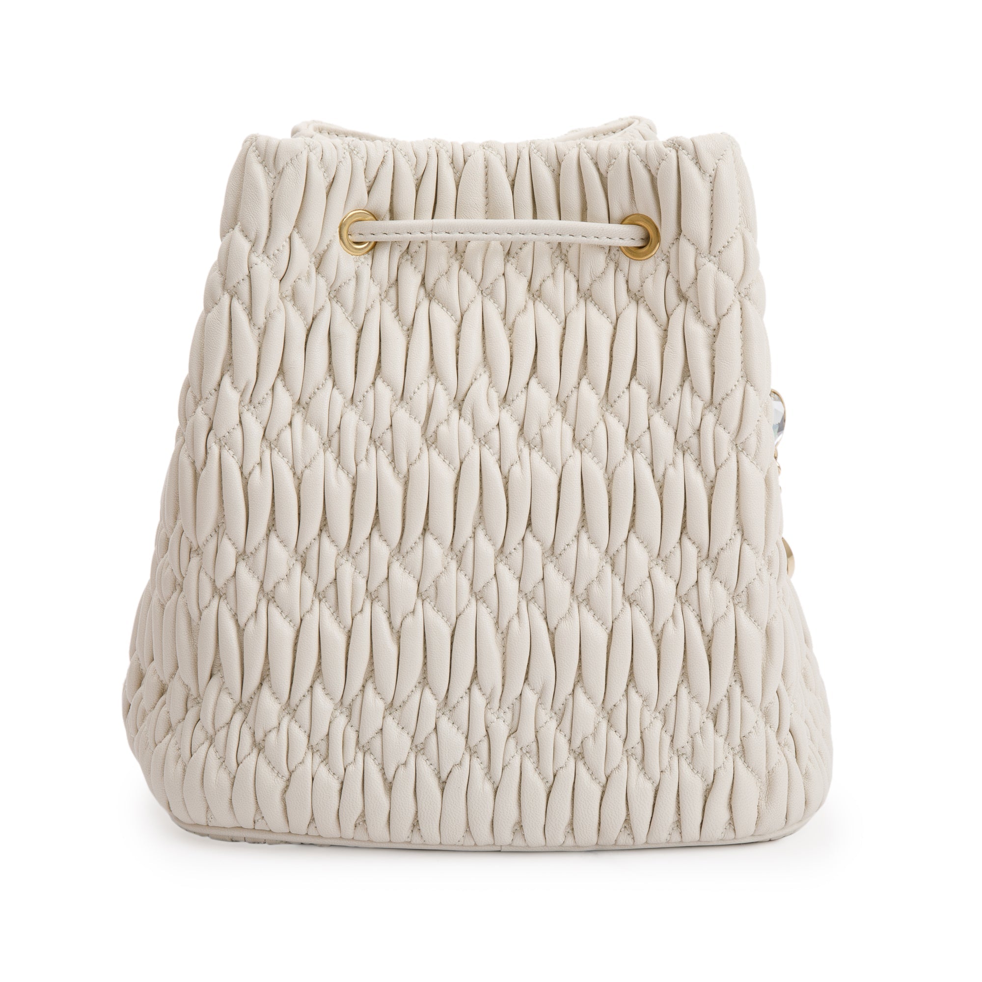 Miu Miu 2020 White Matelasse Nappa Crystal Drawstring Bucket Bag w/ Strap & Authenticity Card