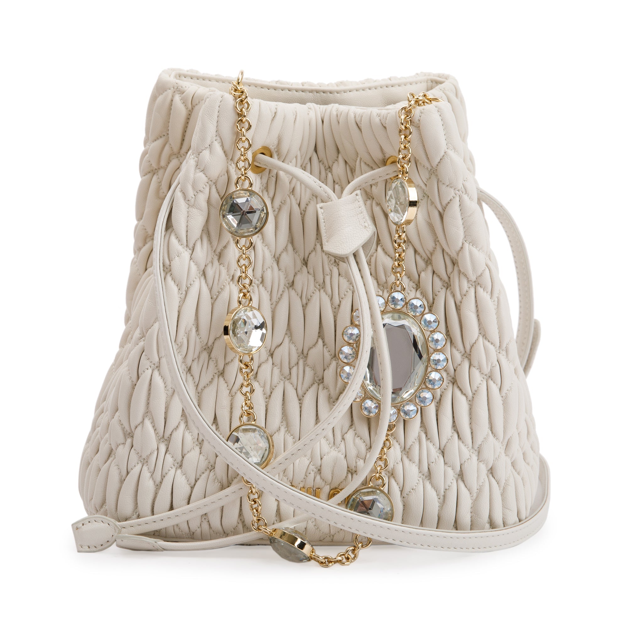 Miu Miu 2020 White Matelasse Nappa Crystal Drawstring Bucket Bag w/ Strap & Authenticity Card