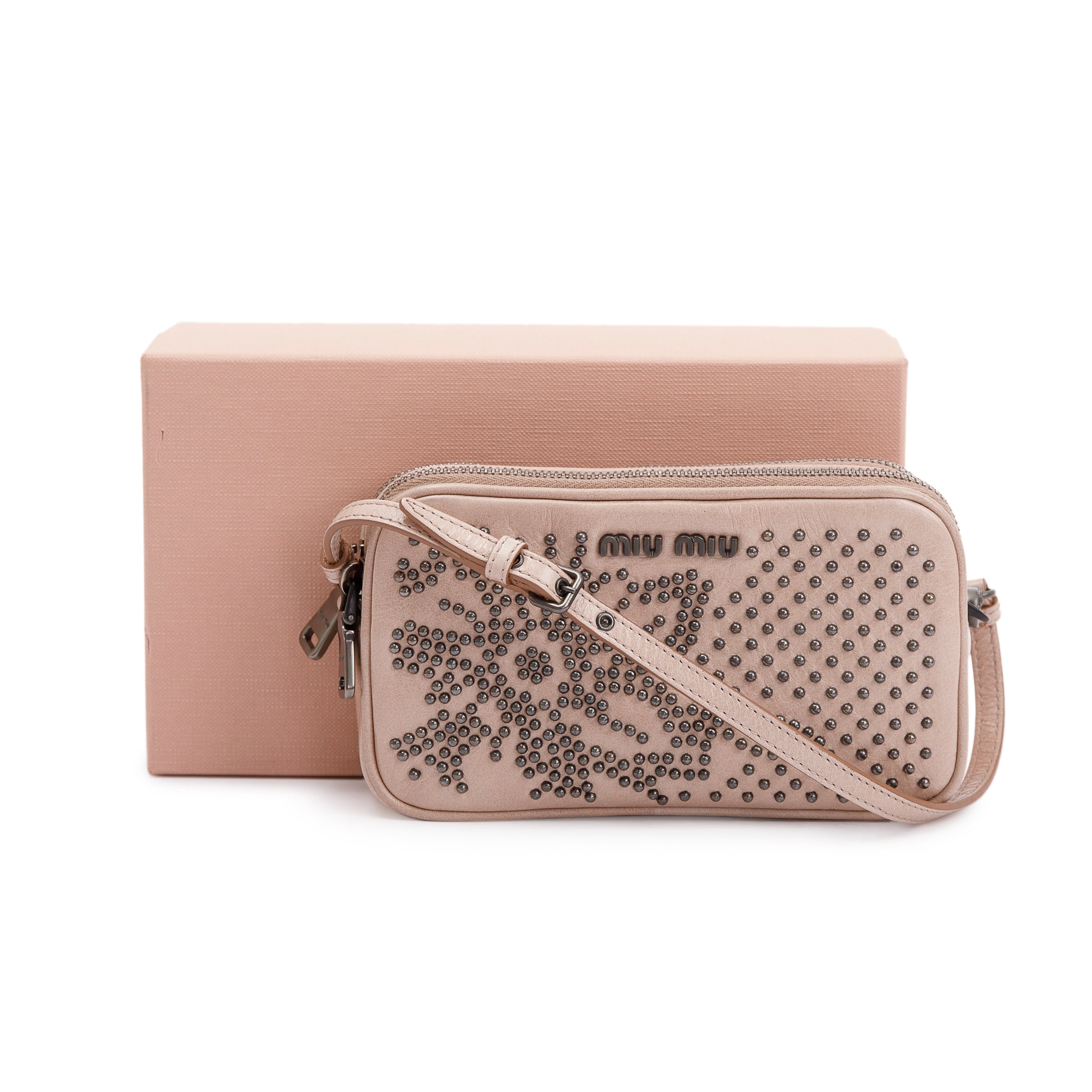 Miu Miu Beige Vitello Shine Studded Wristlet Bag w/ Box