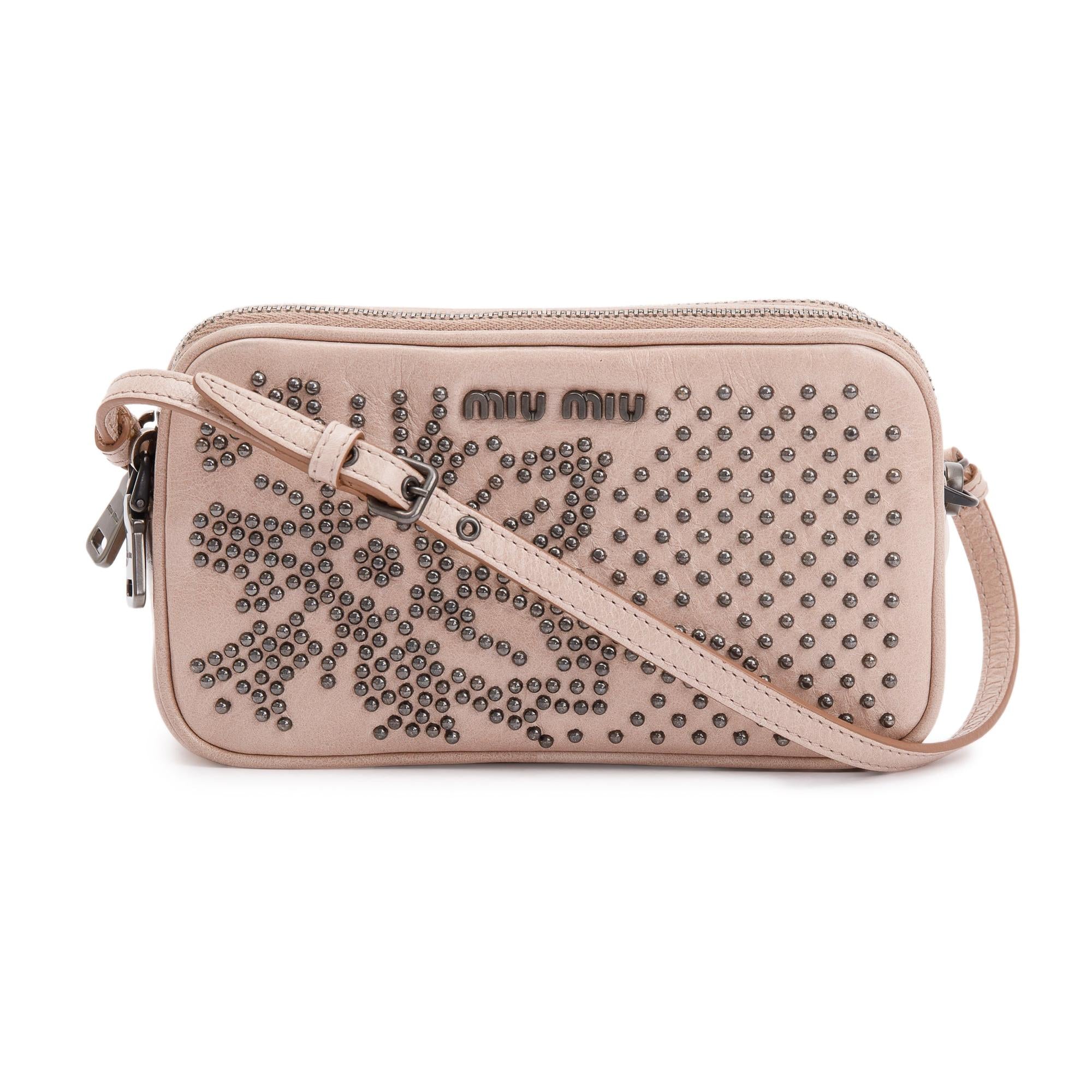 Miu Miu Beige Vitello Shine Studded Wristlet Bag w/ Box