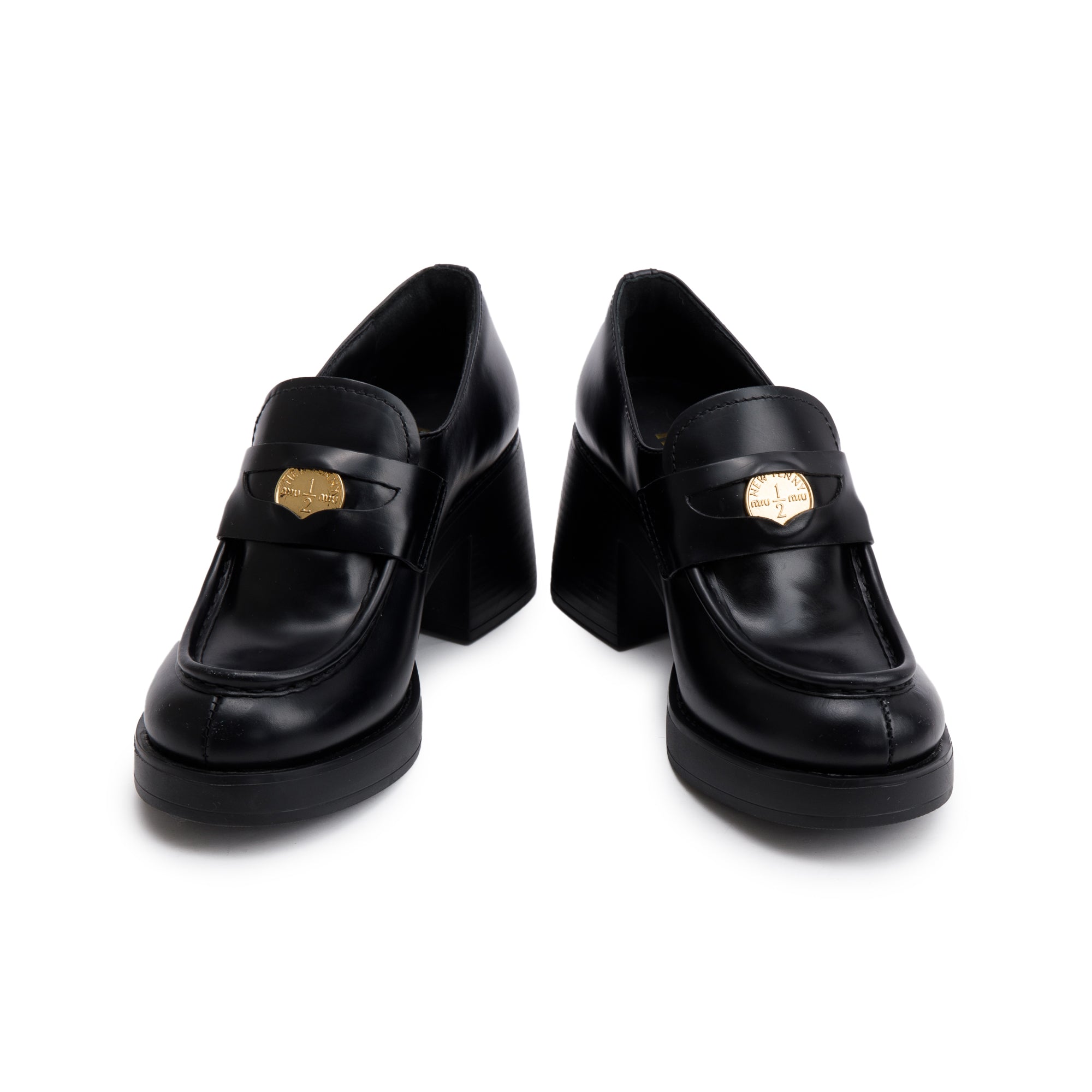 Miu Miu Black Leather Penny Loafers, Size 36