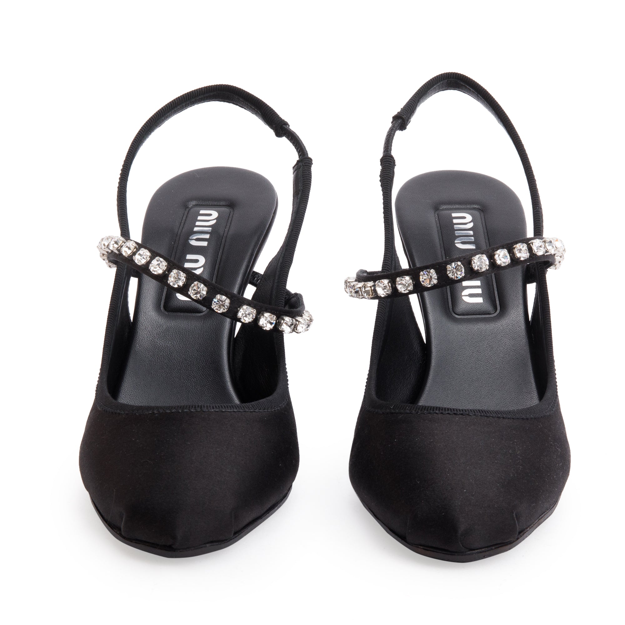 Miu Miu Black Satin Crystal Calzature Donna Sling Back Pumps, Size 37 w/ Box