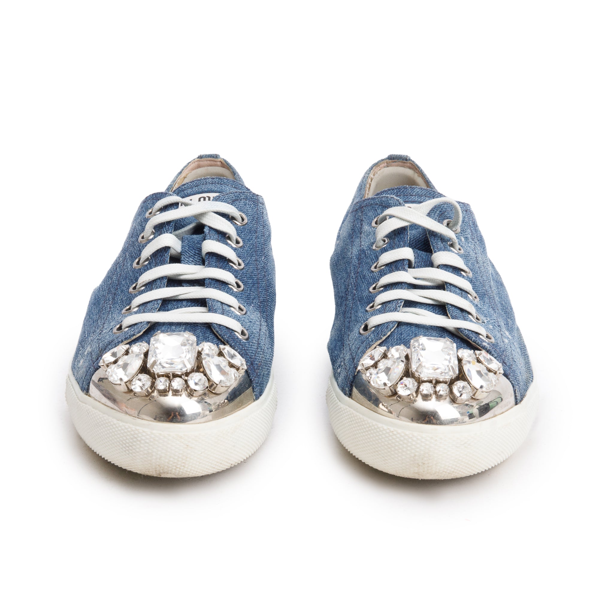 Miu Miu Blue Denim Crystal Embellished Sneakers, Size 38.5