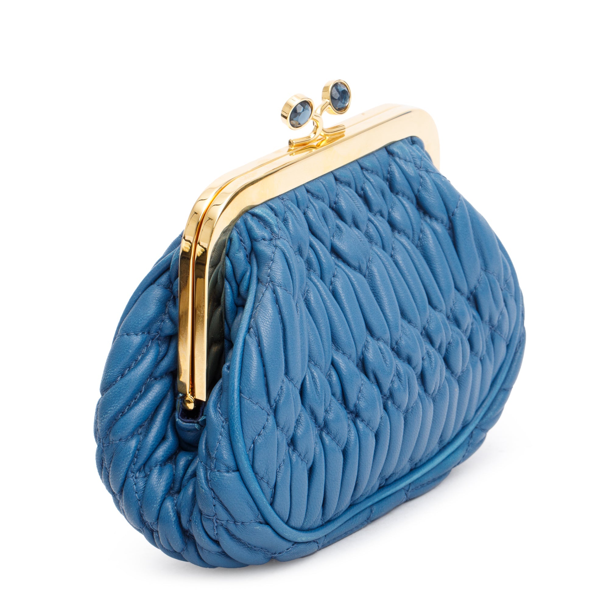 Miu Miu Blue Matelasse Nappa Leather Kiss Lock Mini Pouch