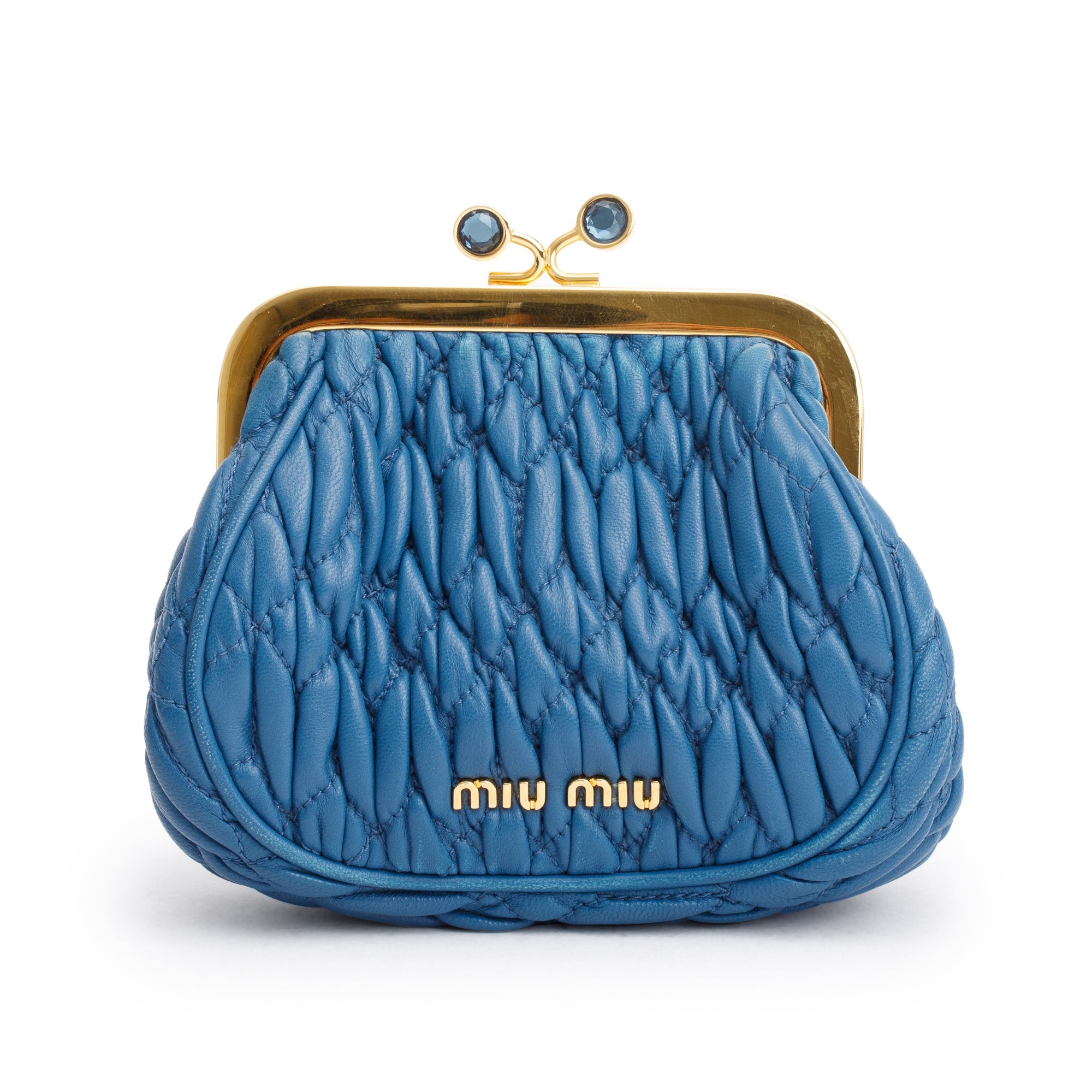 Miu Miu Blue Matelasse Nappa Leather Kiss Lock Mini Pouch