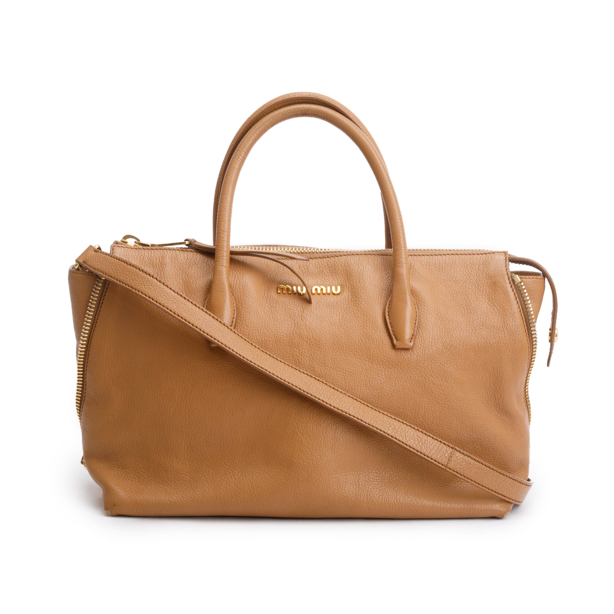 Miu Miu Brown Leather Madras Bauletto Handle Bag w/ Strap