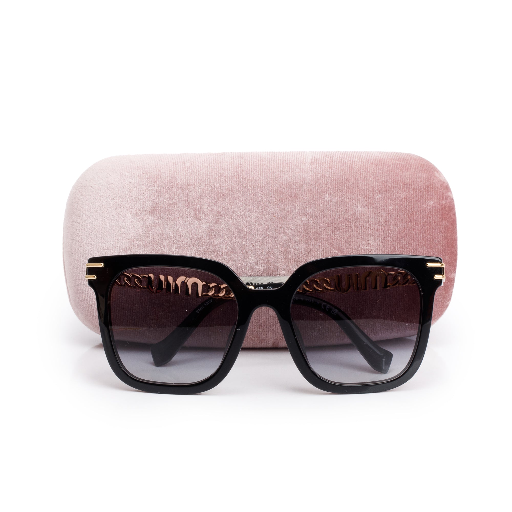 Miu Miu SMU 13W Black Acetate Logo Chain Accent Oversized Square Sunglasses w/ Case