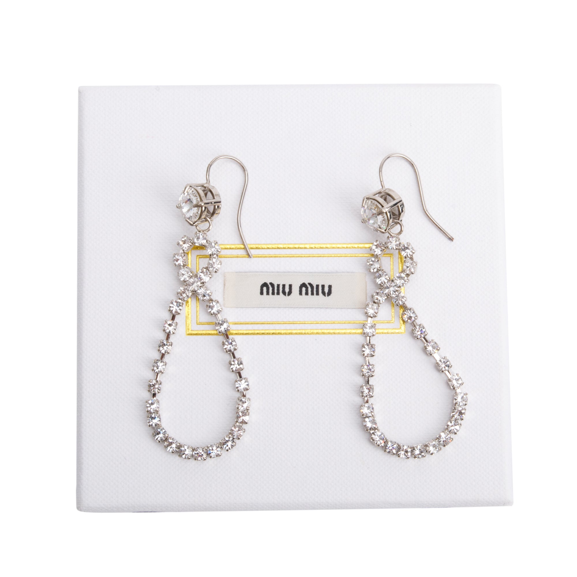 Miu Miu Silver-Tone Metal Crystal Teardrop Hook Drop Earrings w/ Box