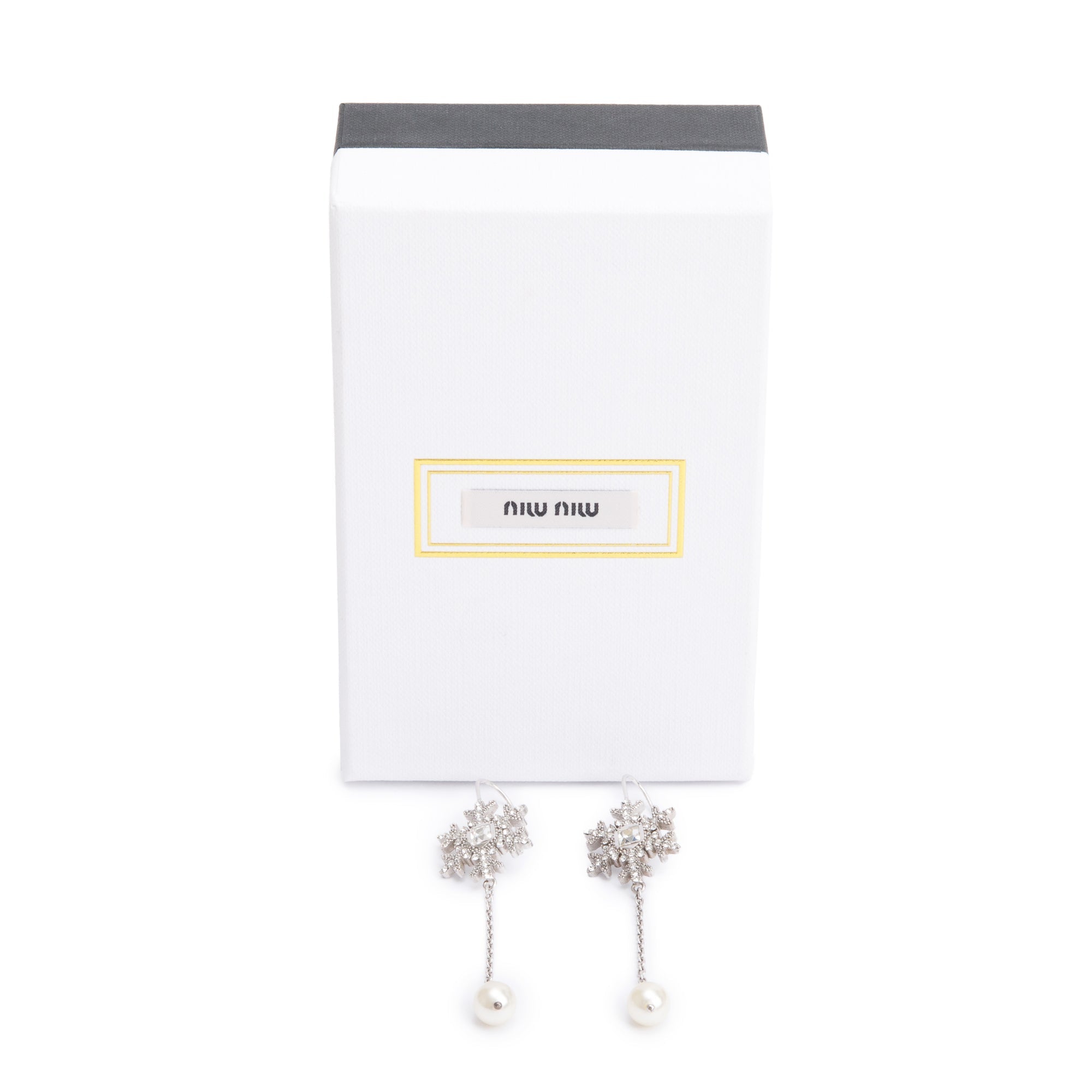 Miu Miu Sterling Silver Faux Pearl & Crystal Snowflake Drop Earrings w/ Box