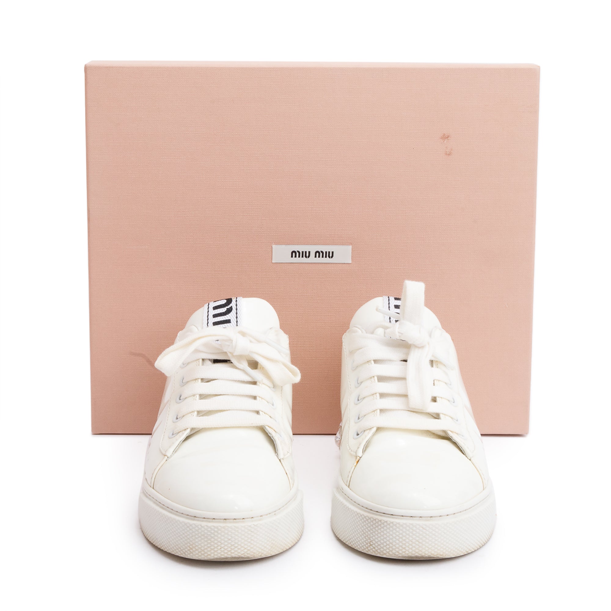 Miu Miu White Patent Leather Crystal Embellished Sneakers, Size 36.5 w/ Box