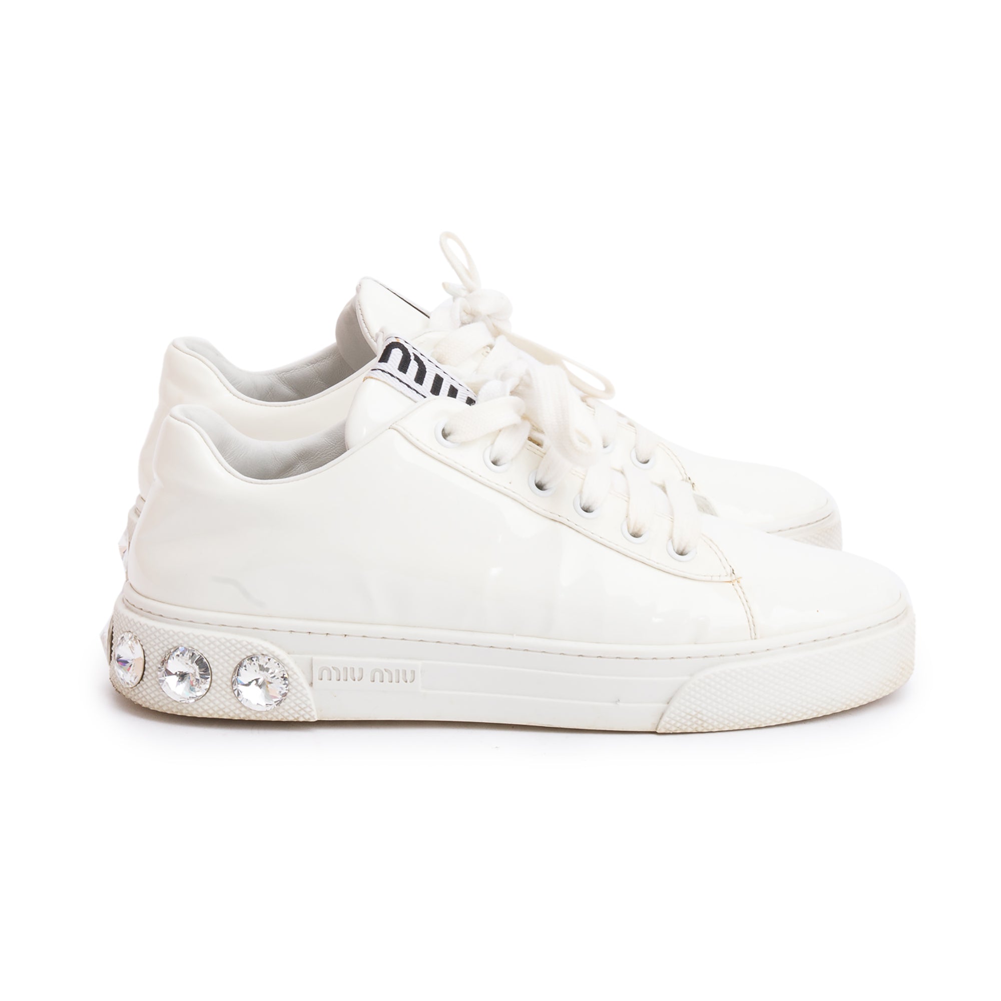 Miu Miu White Patent Leather Crystal Embellished Sneakers, Size 36.5 w/ Box
